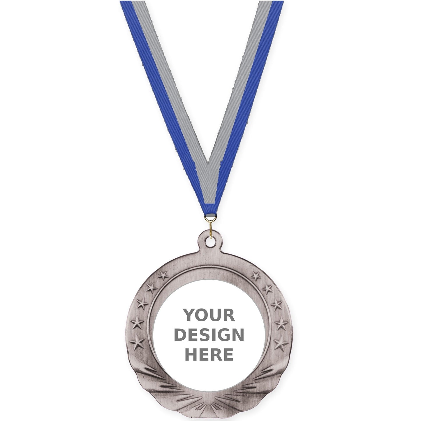 2 3/4 inch Starfield insert medal in antique silver with Blue Gray neck ribbon