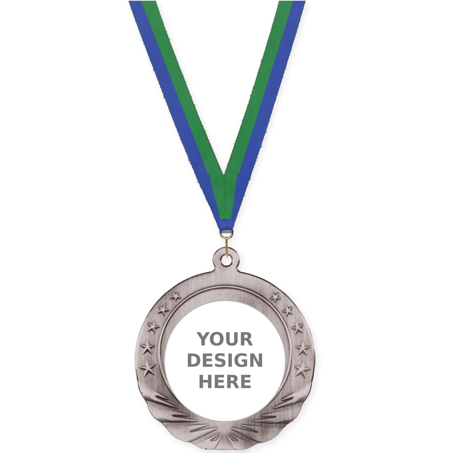 2 3/4 inch Starfield insert medal in antique silver with Blue Green neck ribbon