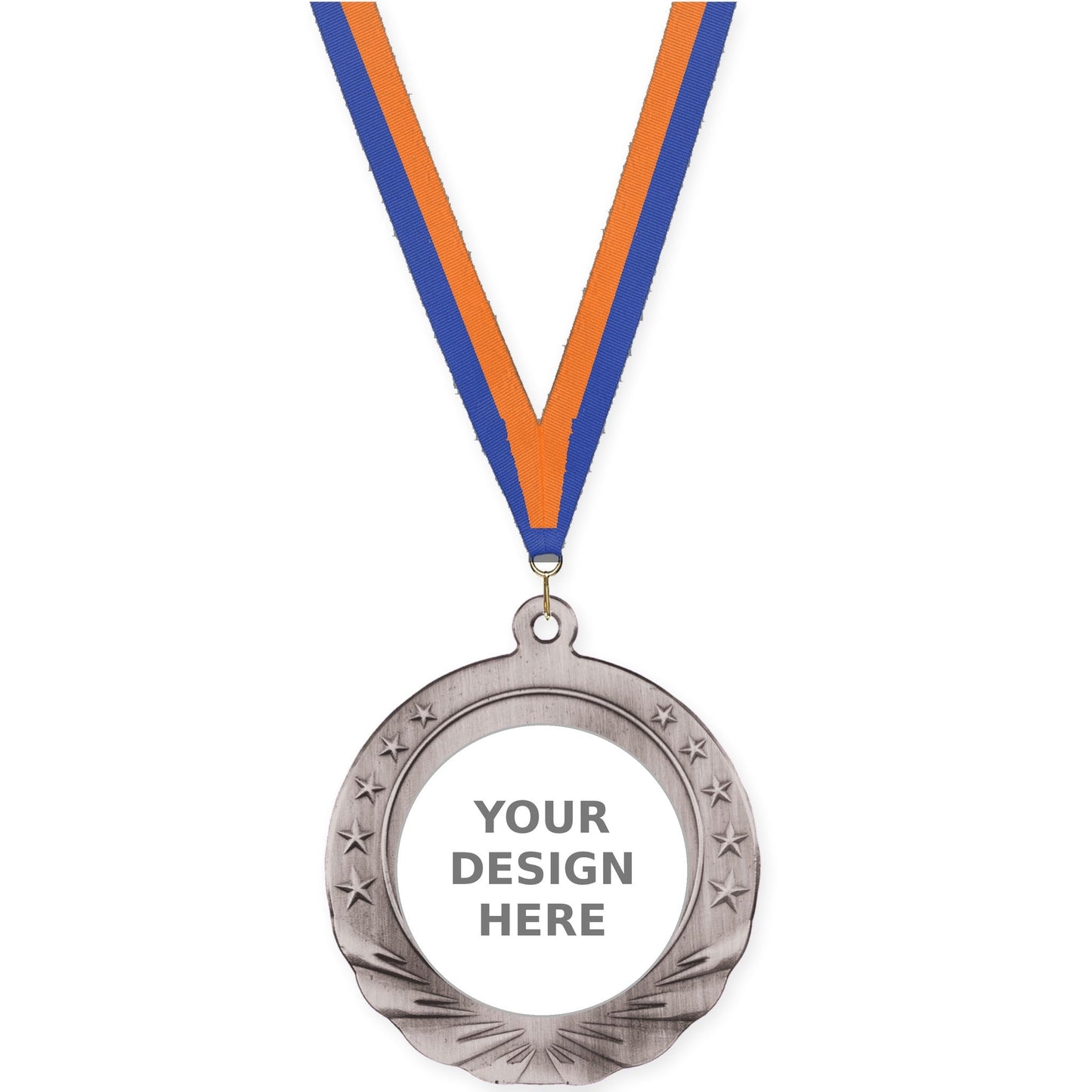 2 3/4 inch Starfield insert medal in antique silver with Blue Orange neck ribbon