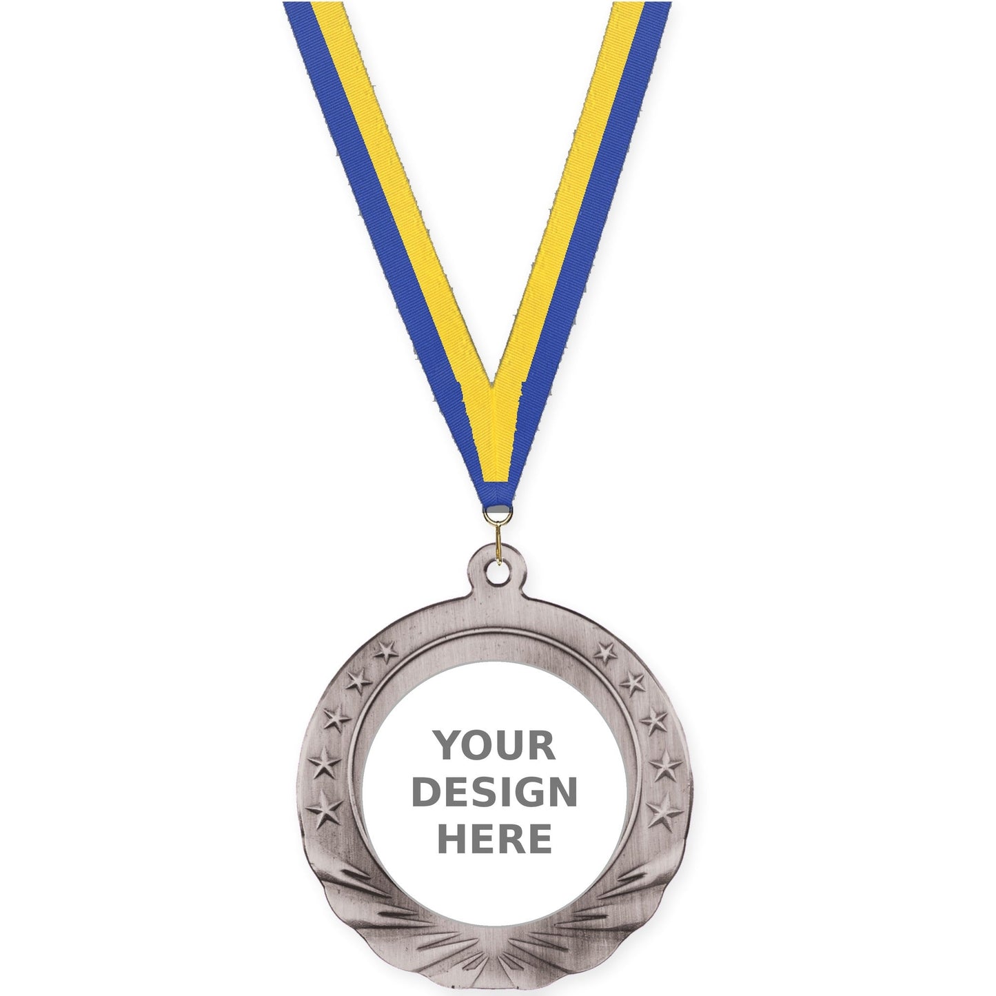 2 3/4 inch Starfield insert medal in antique silver with Blue Yellow neck ribbon