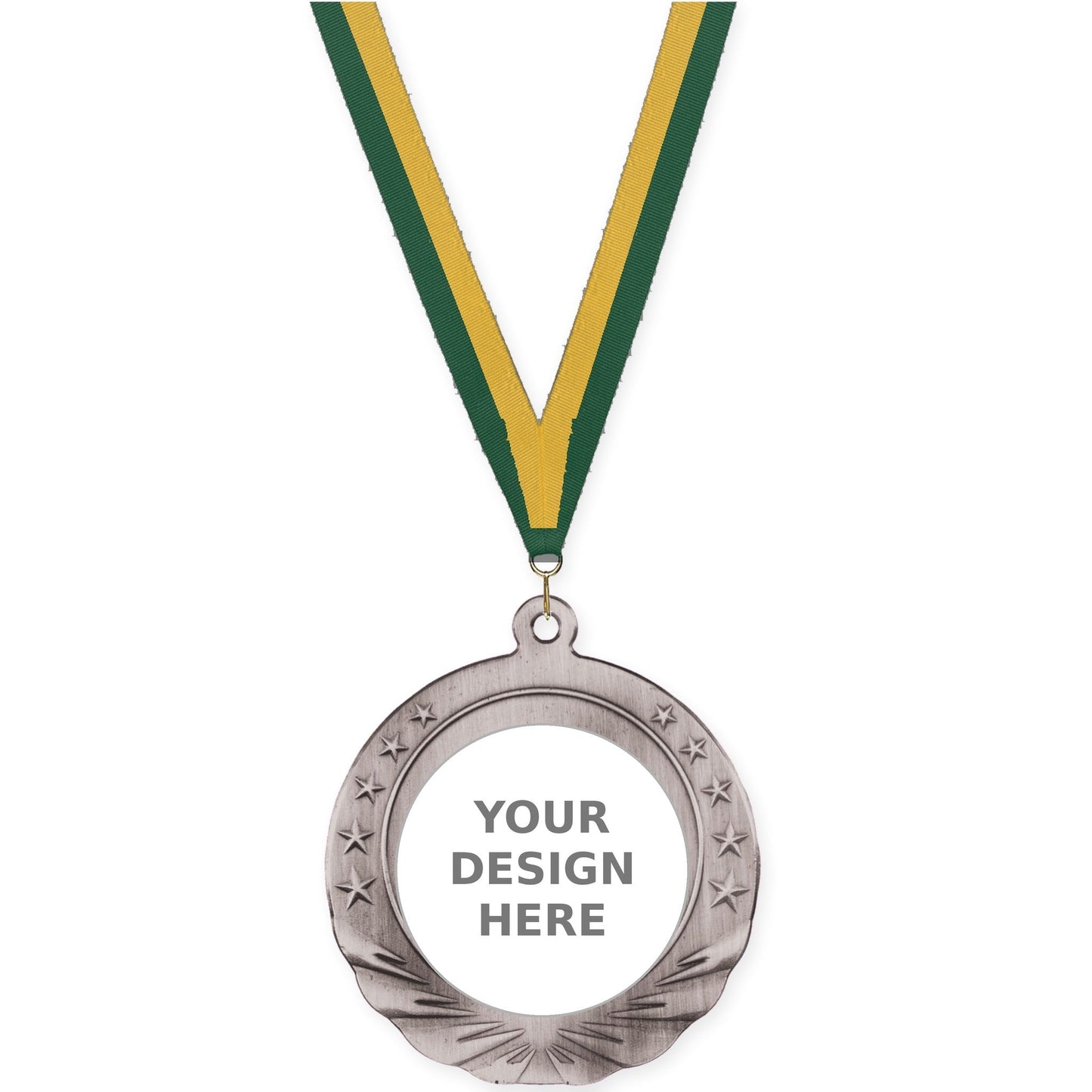 2 3/4 inch Starfield insert medal in antique silver with Hunter Green Gold neck ribbon