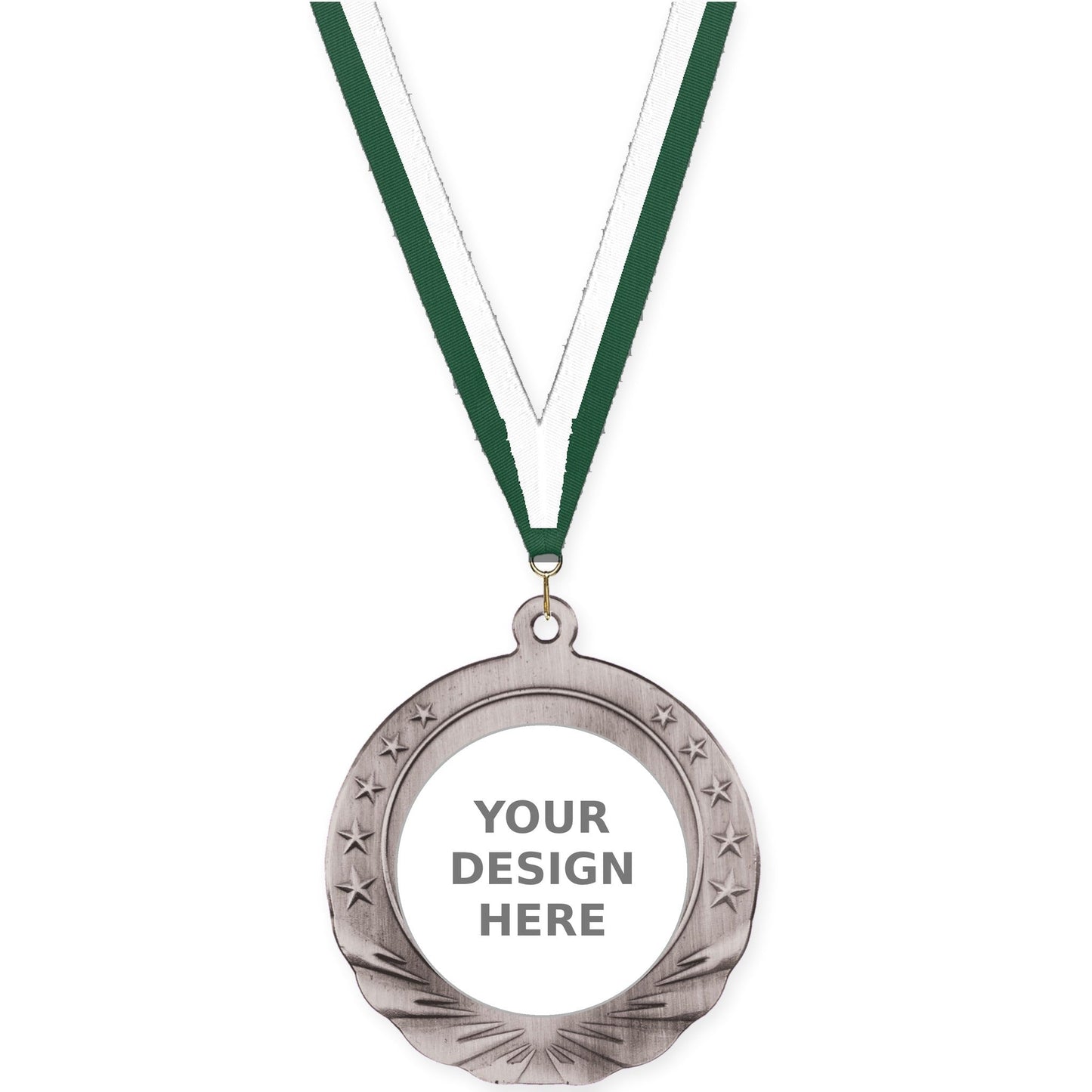 2 3/4 inch Starfield insert medal in antique silver with Hunter Green White neck ribbon