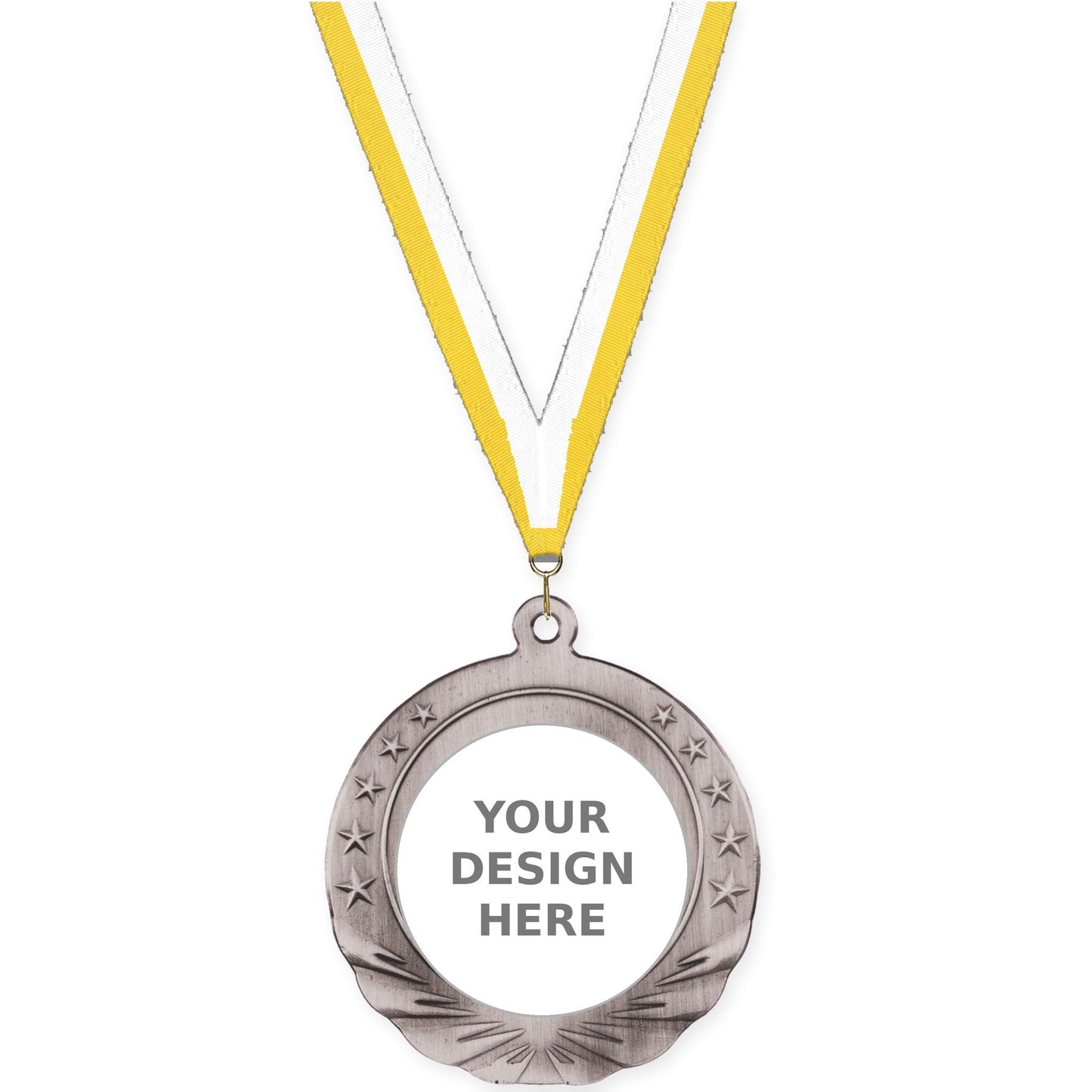 2 3/4 inch Starfield insert medal in antique silver with Yellow White neck ribbon