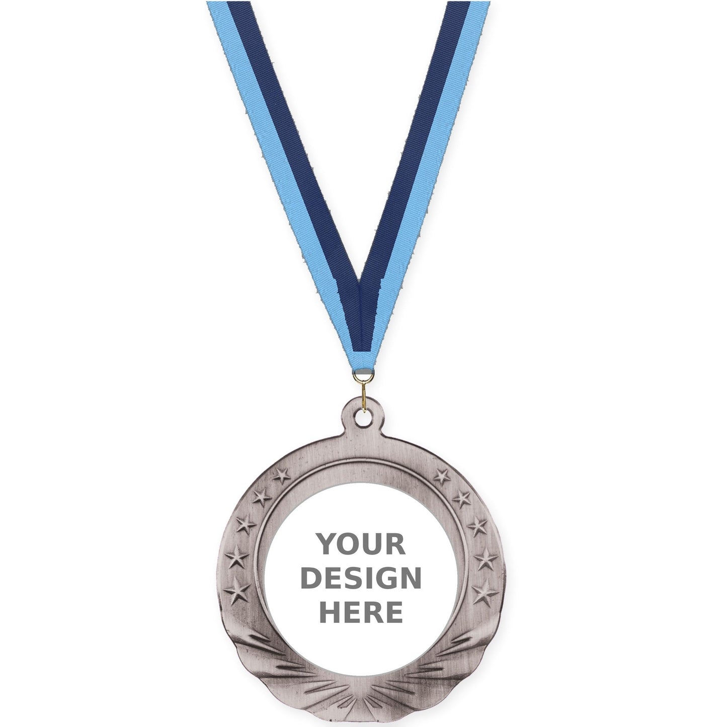 2 3/4 inch Starfield insert medal in antique silver with Light Blue Navy neck ribbon