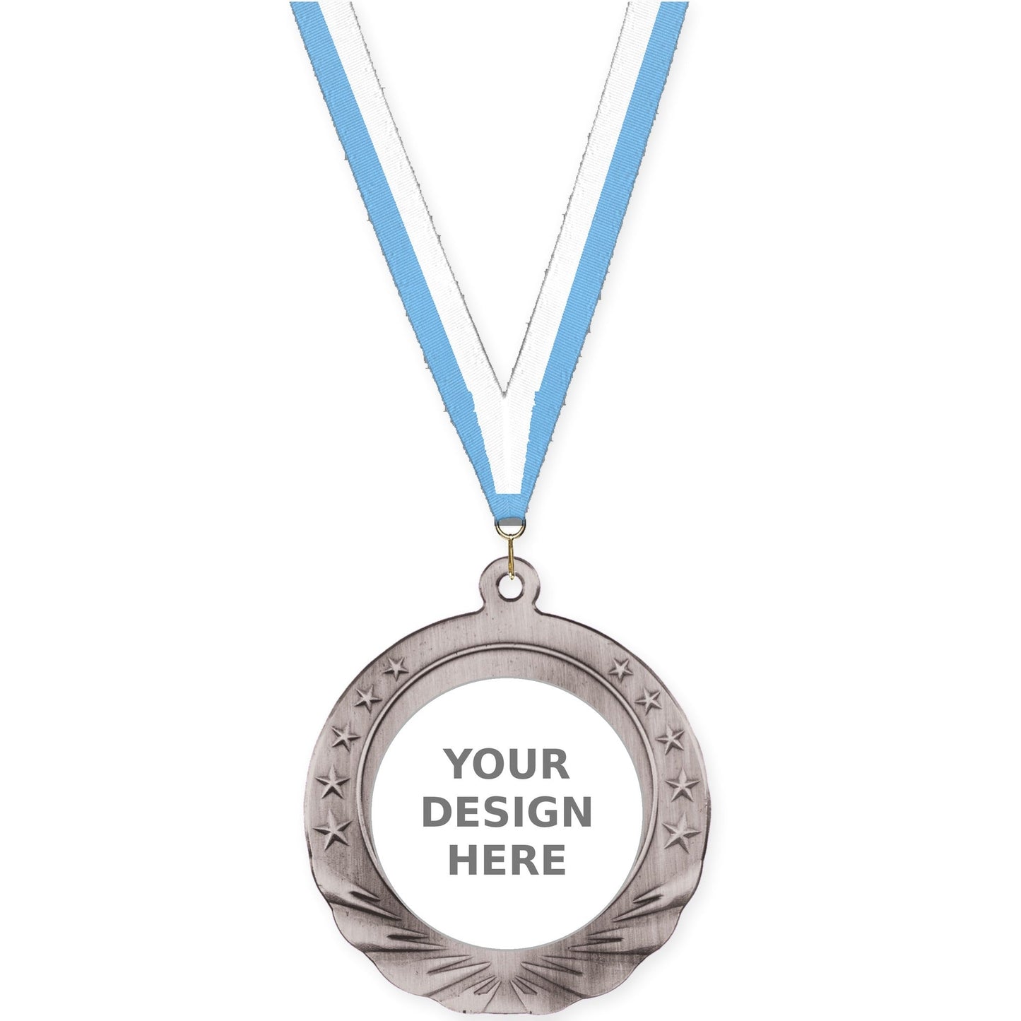 2 3/4 inch Starfield insert medal in antique silver with Light Blue White neck ribbon