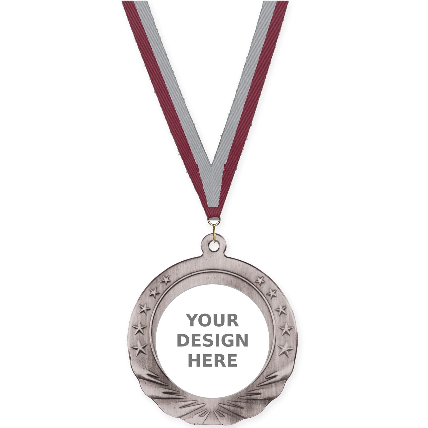 2 3/4 inch Starfield insert medal in antique silver with Maroon Gray neck ribbon