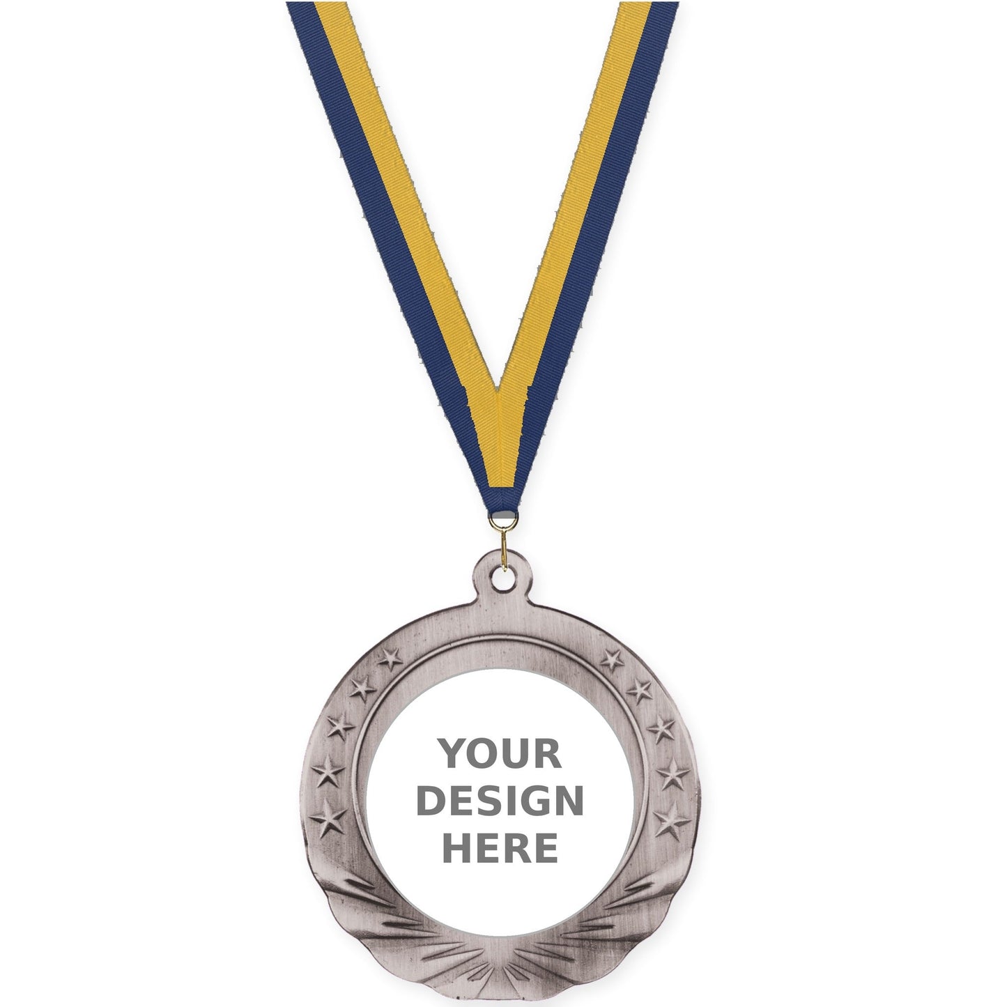 2 3/4 inch Starfield insert medal in antique silver with Navy Gold neck ribbon
