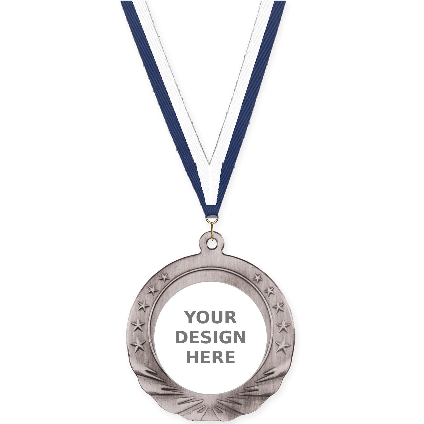 2 3/4 inch Starfield insert medal in antique silver with Navy White neck ribbon