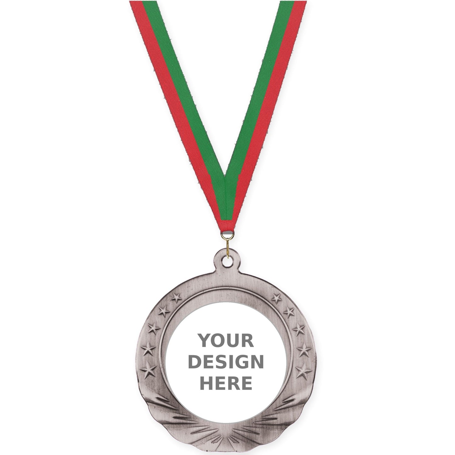 2 3/4 inch Starfield insert medal in antique silver with Red Green neck ribbon