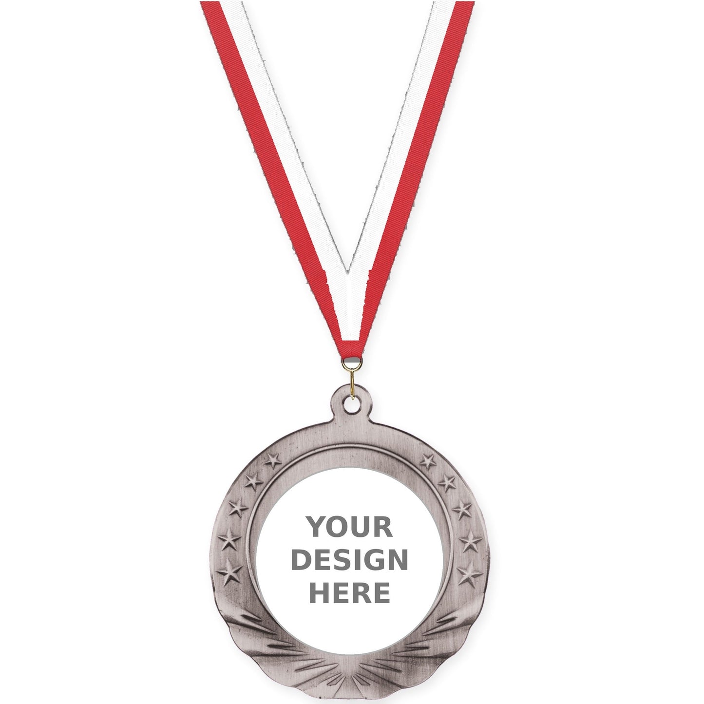 2 3/4 inch Starfield insert medal in antique silver with Red White neck ribbon
