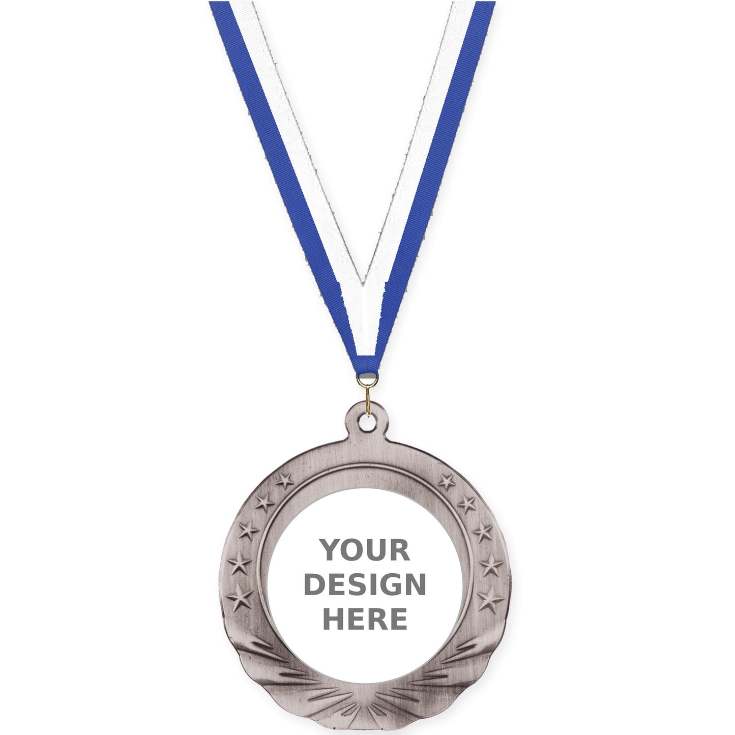2 3/4 inch Starfield insert medal in antique silver with Blue White neck ribbon
