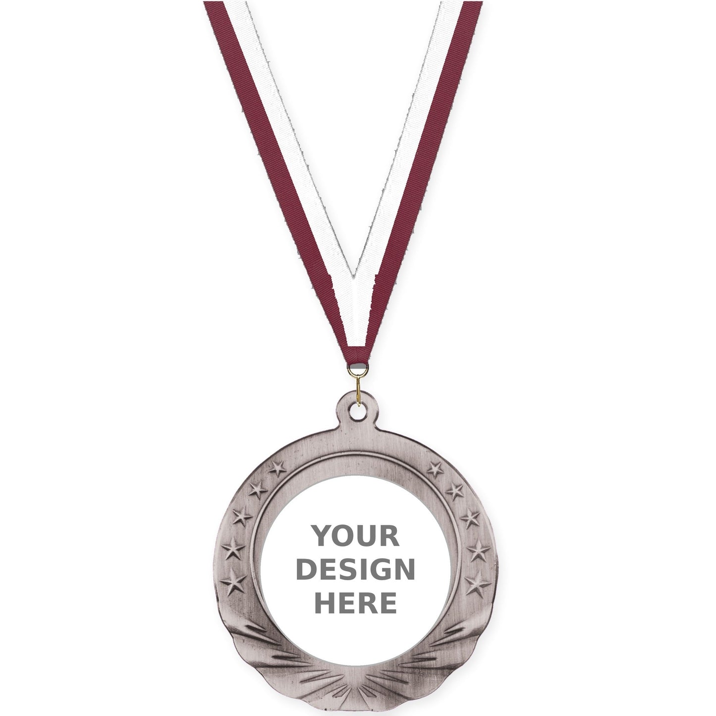 2 3/4 inch Starfield insert medal in antique silver with Maroon White neck ribbon