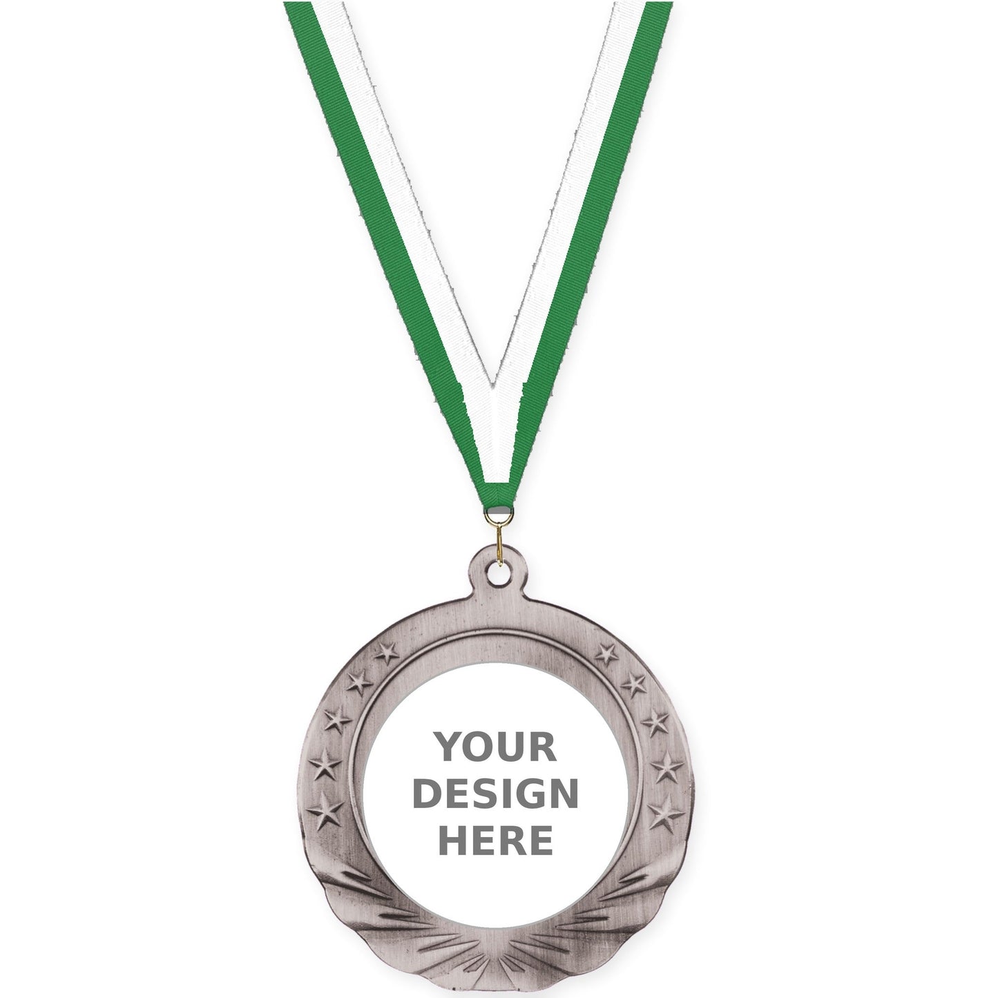2 3/4 inch Starfield insert medal in antique silver with Green White neck ribbon