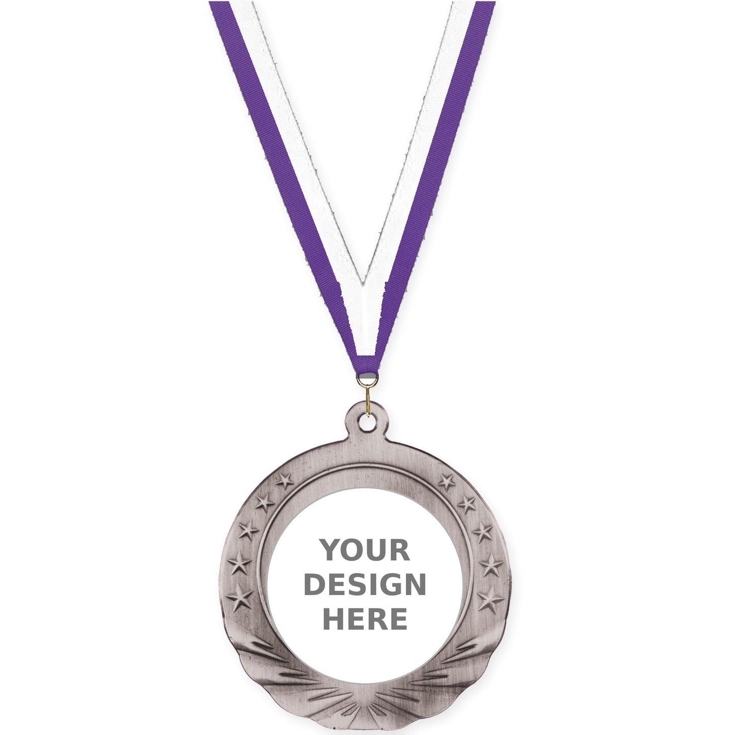2 3/4 inch Starfield insert medal in antique silver with Purple White neck ribbon