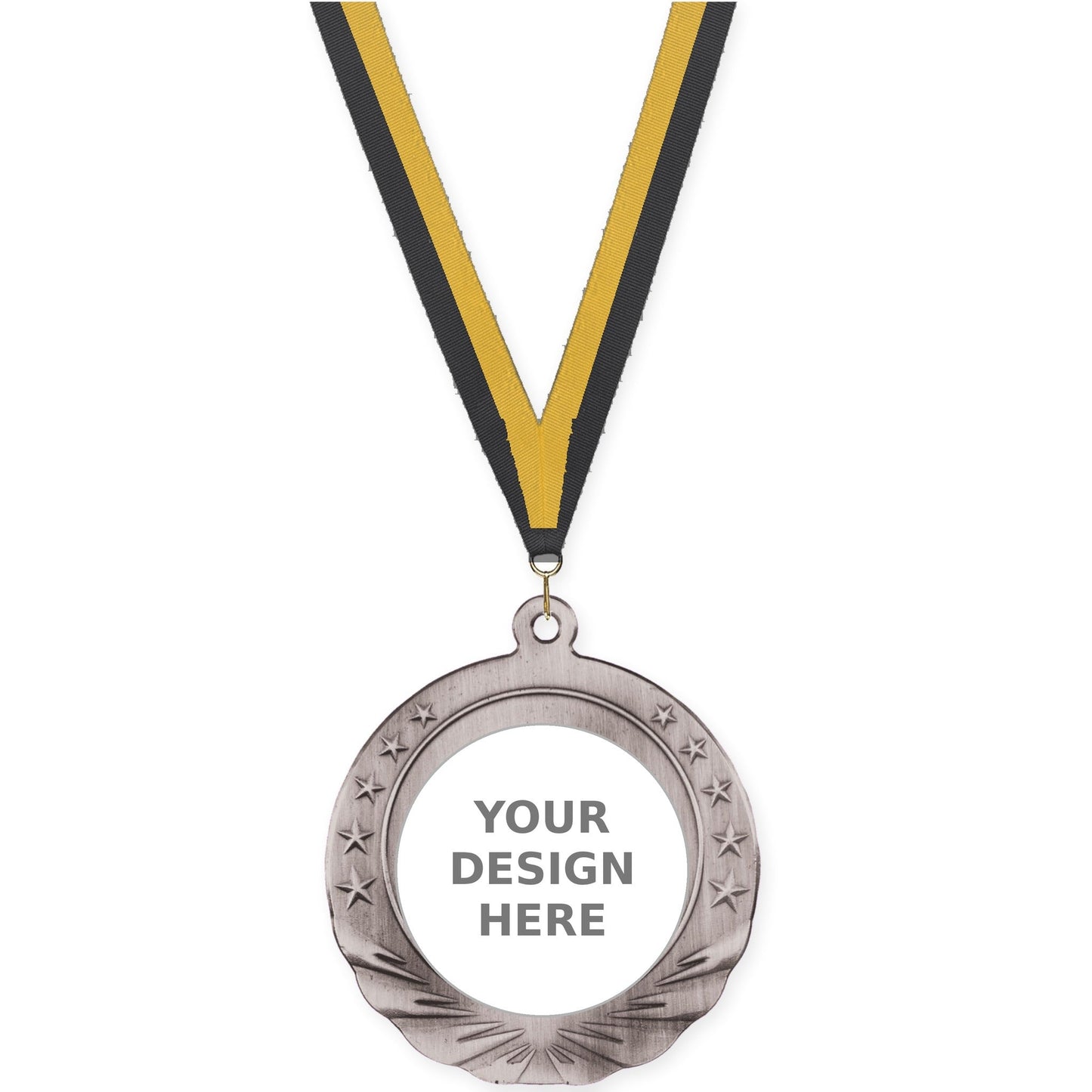 2 3/4 inch Starfield insert medal in antique silver with Black Gold neck ribbon