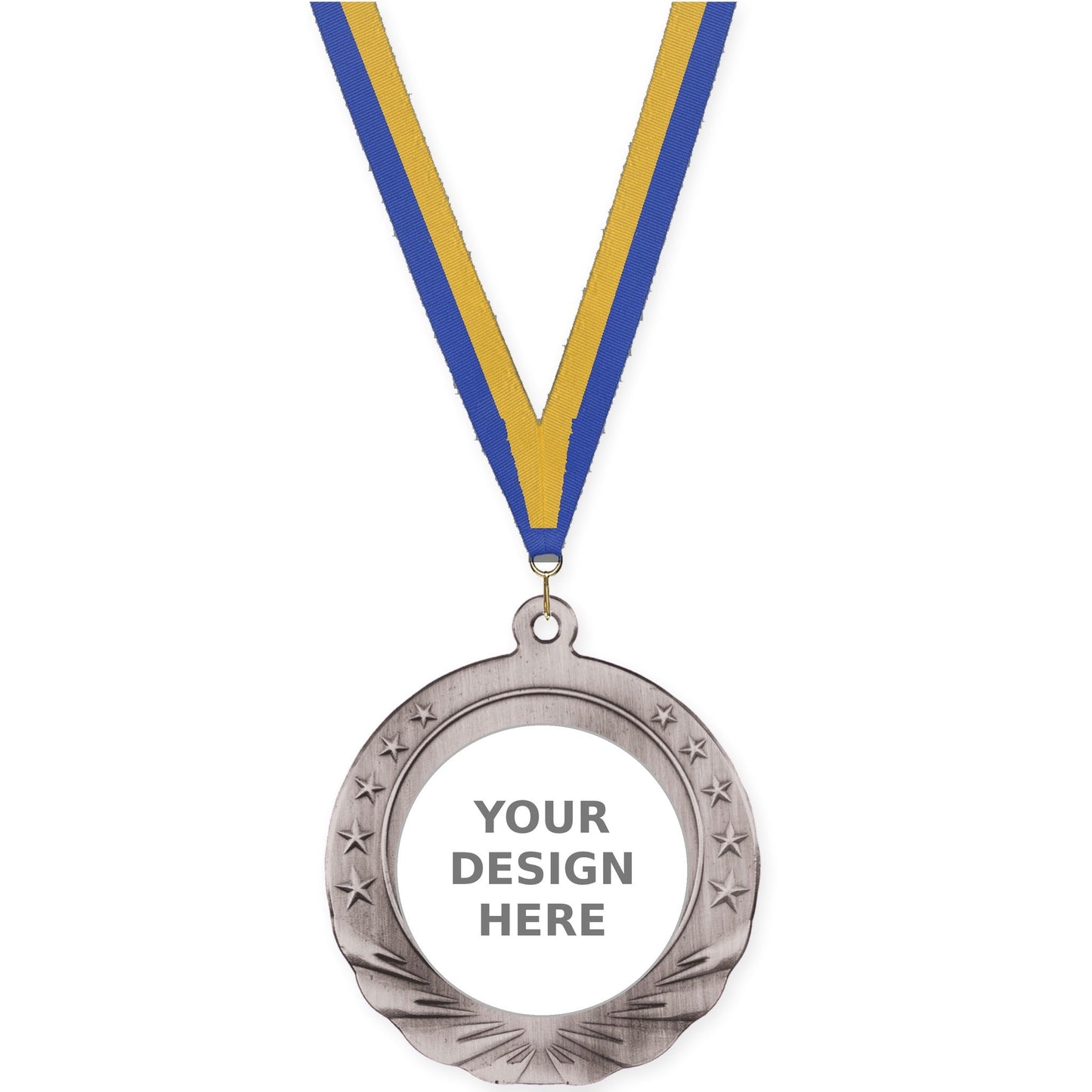 2 3/4 inch Starfield insert medal in antique silver with Blue Gold neck ribbon