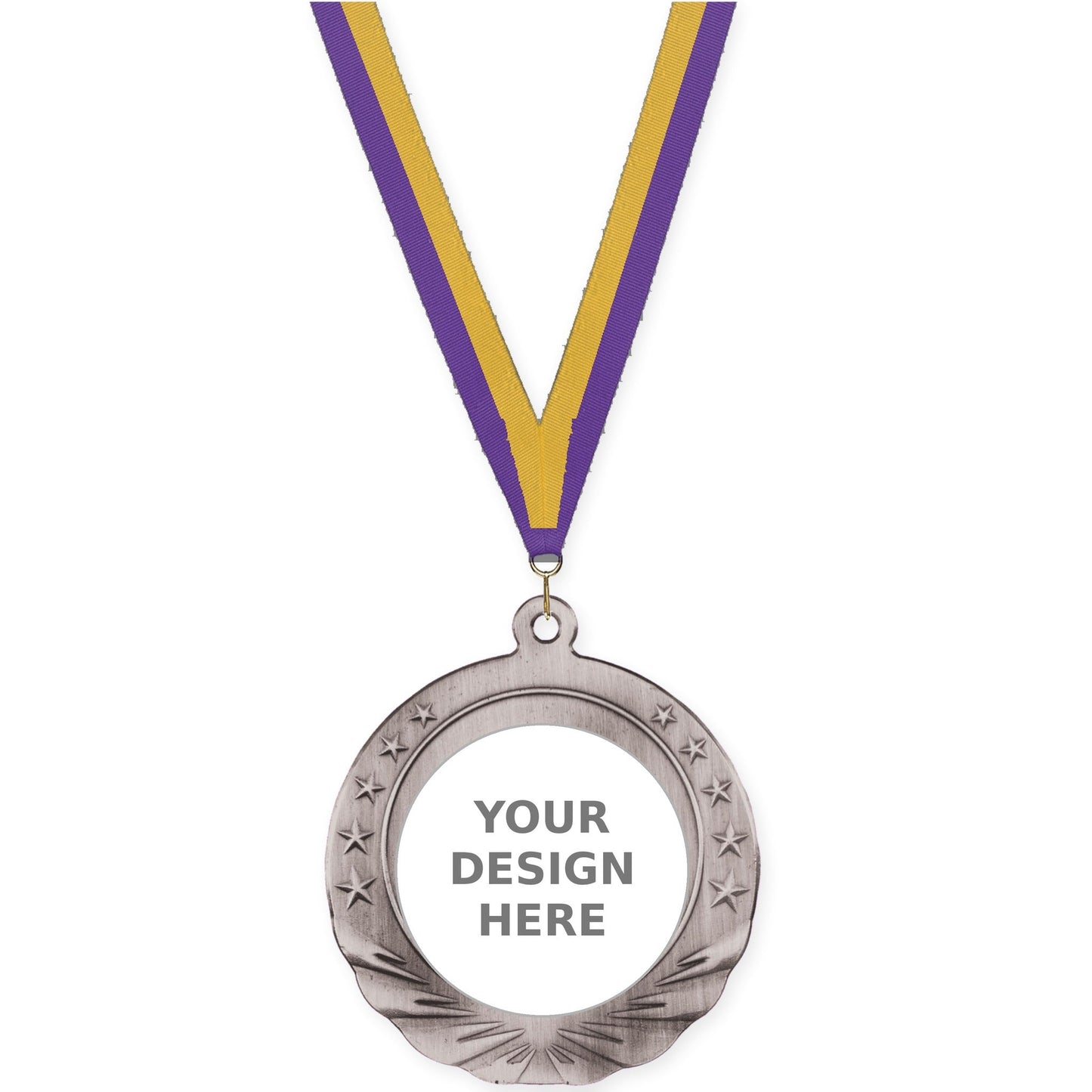 2 3/4 inch Starfield insert medal in antique silver with Purple Gold neck ribbon