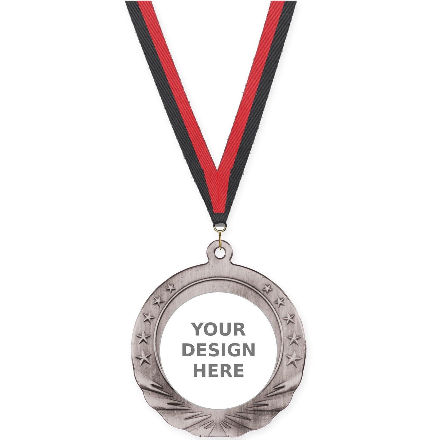 2 3/4 inch Starfield insert medal in antique silver with Black Red neck ribbon