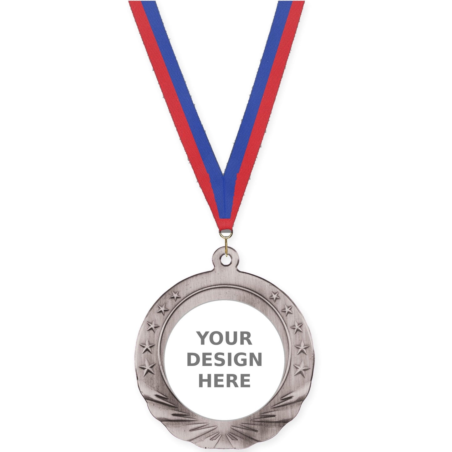 2 3/4 inch Starfield insert medal in antique silver with Blue Red neck ribbon