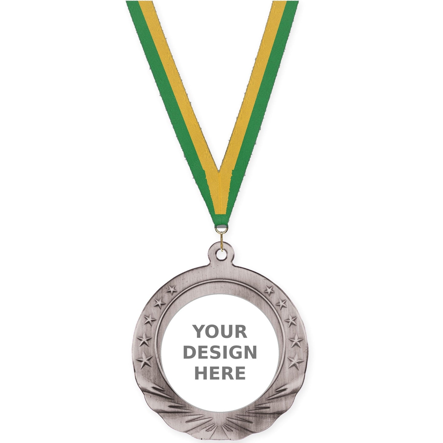 2 3/4 inch Starfield insert medal in antique silver with Green Gold neck ribbon