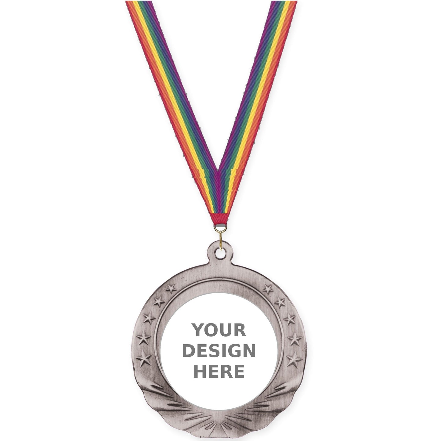 2 3/4 inch Starfield insert medal in antique silver with Rainbow neck ribbon