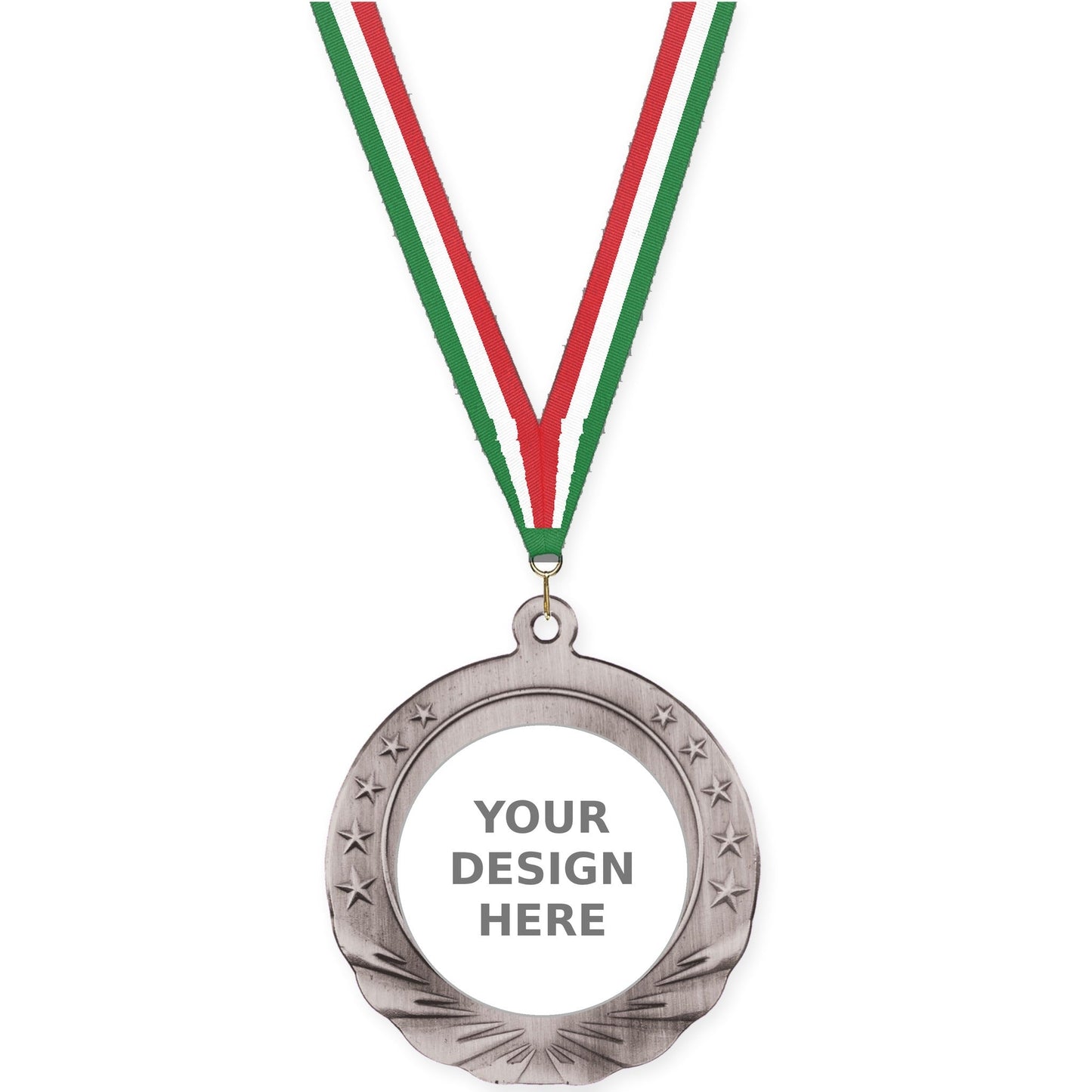 2 3/4 inch Starfield insert medal in antique silver with Green White Red neck ribbon