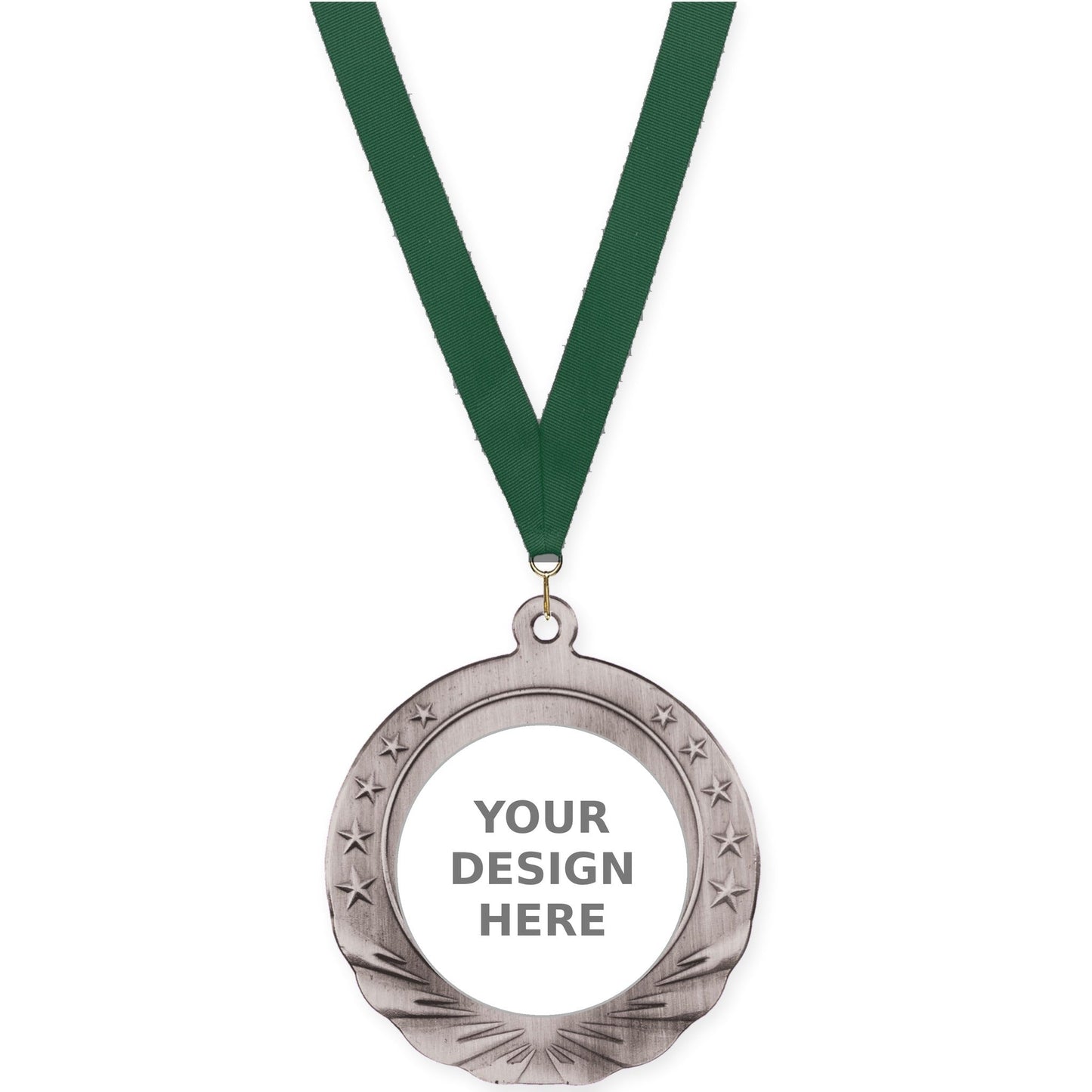 2 3/4 inch Starfield insert medal in antique silver with Hunter Green neck ribbon
