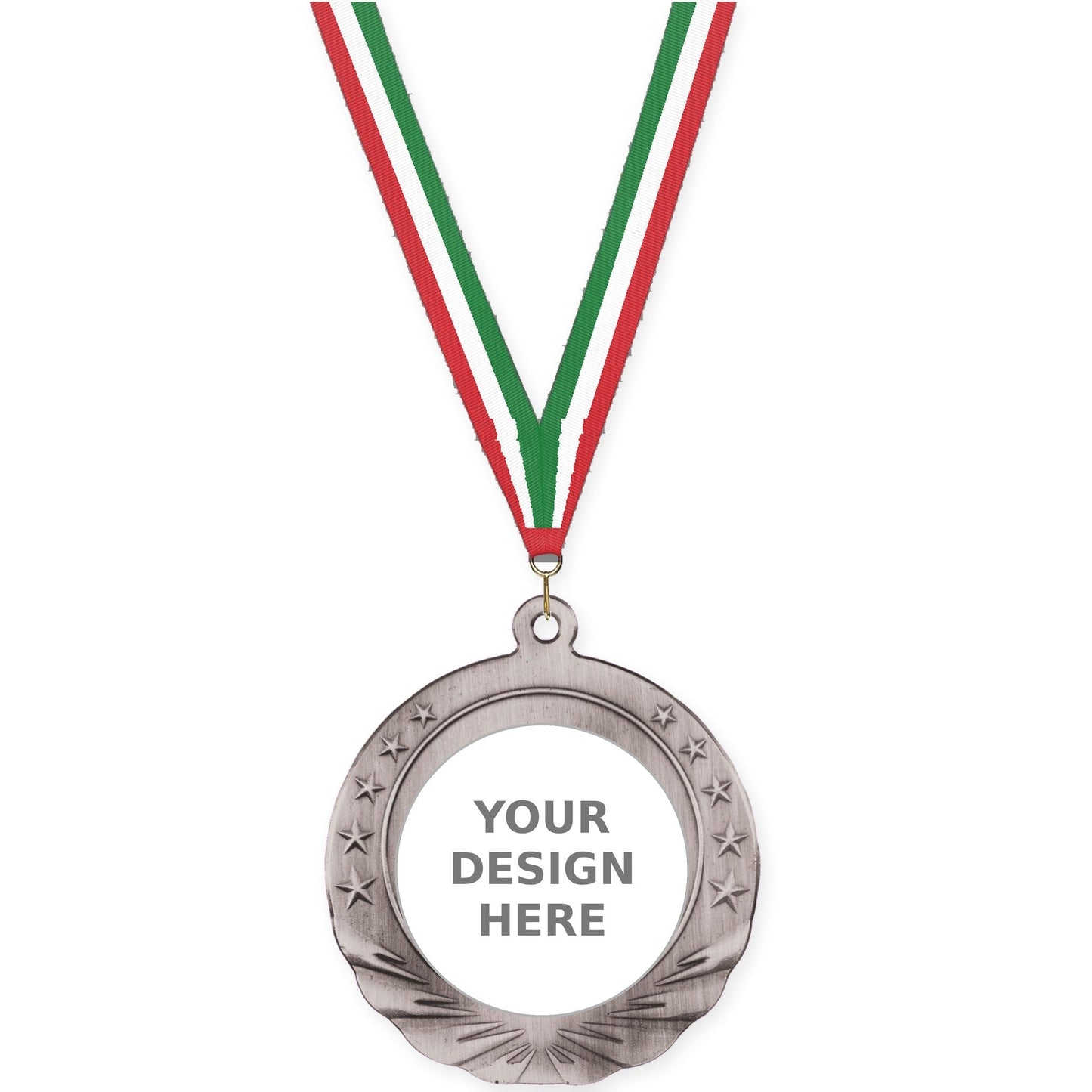 2 3/4 inch Starfield insert medal in antique silver with Red White Green neck ribbon