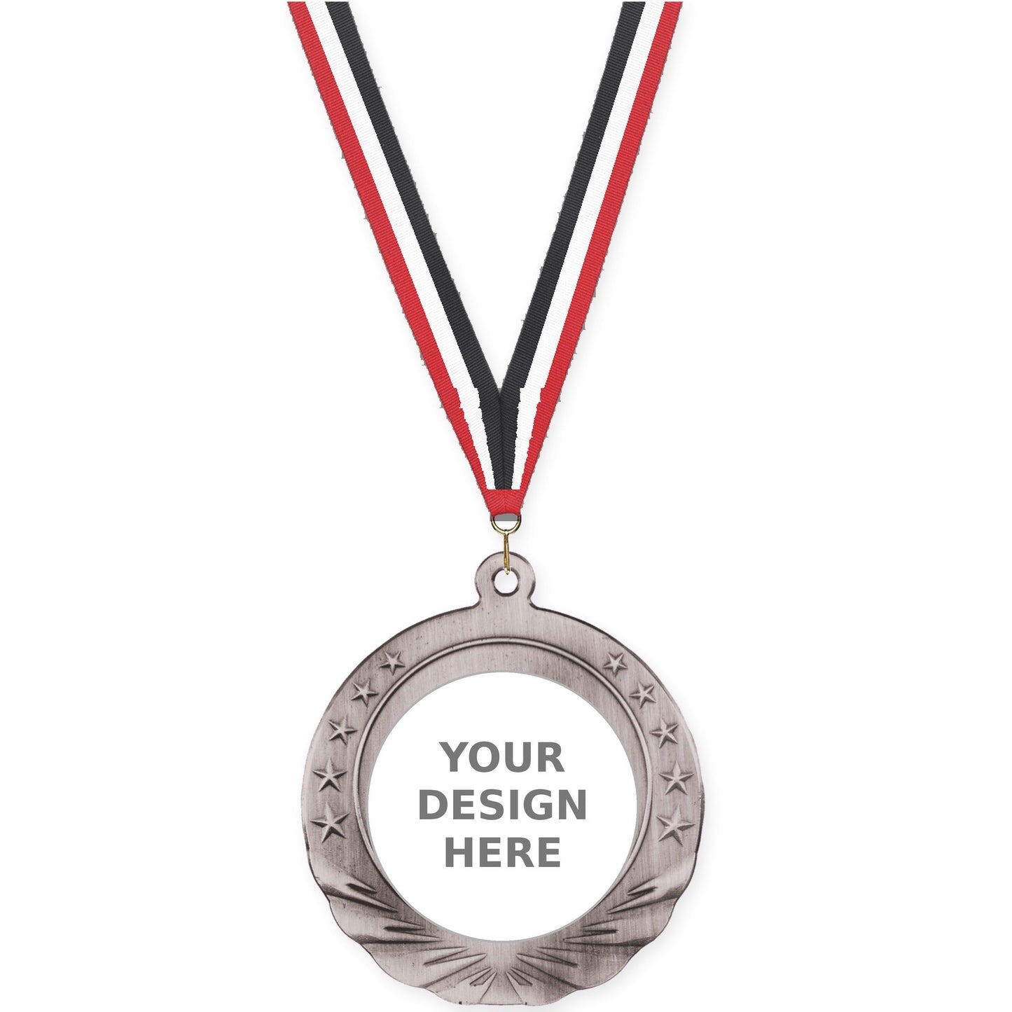 2 3/4 inch Starfield insert medal in antique silver with Red White Black neck ribbon