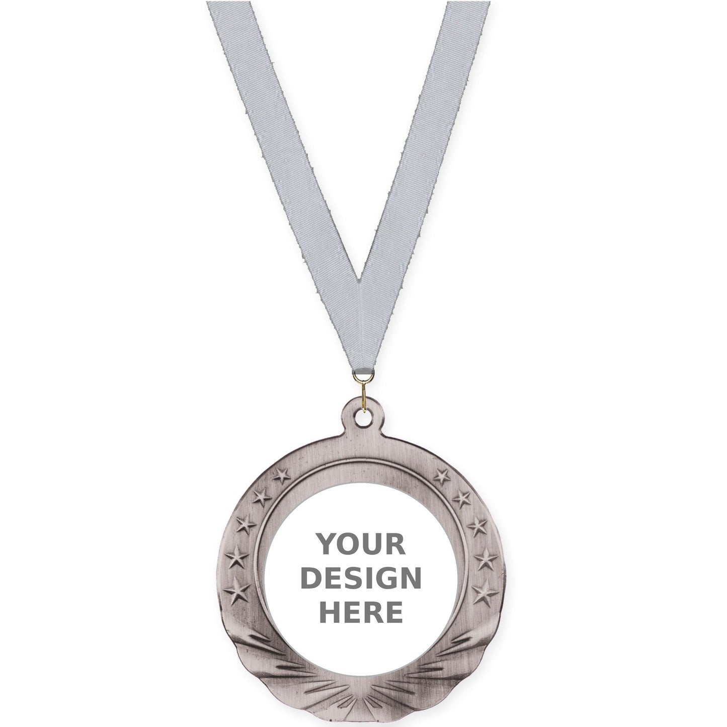 2 3/4 inch Starfield insert medal in antique silver with Silver Metallic neck ribbon