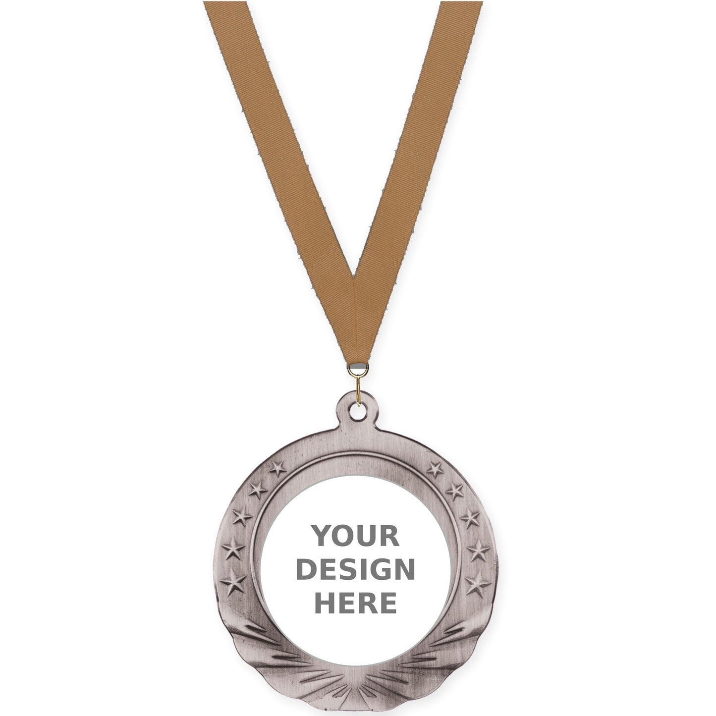2 3/4 inch Starfield insert medal in antique silver with Bronze Metallic neck ribbon