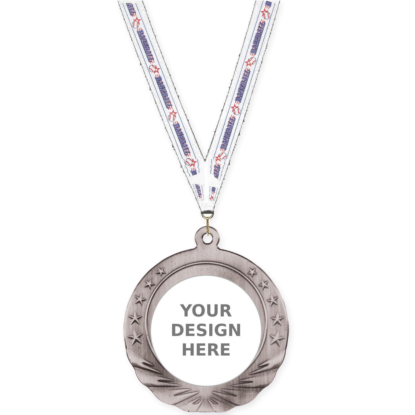 2 3/4 inch Starfield insert medal in antique silver with Baseball neck ribbon