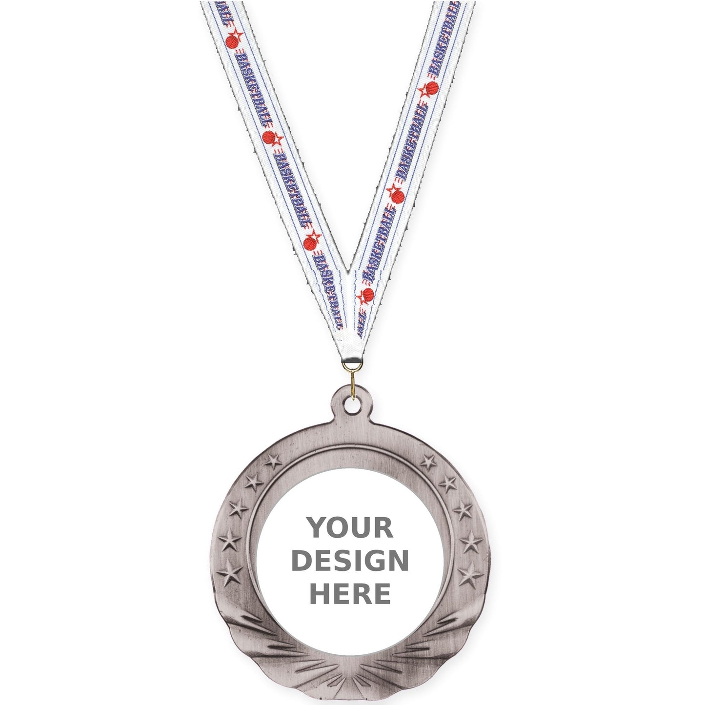 2 3/4 inch Starfield insert medal in antique silver with Basketball neck ribbon