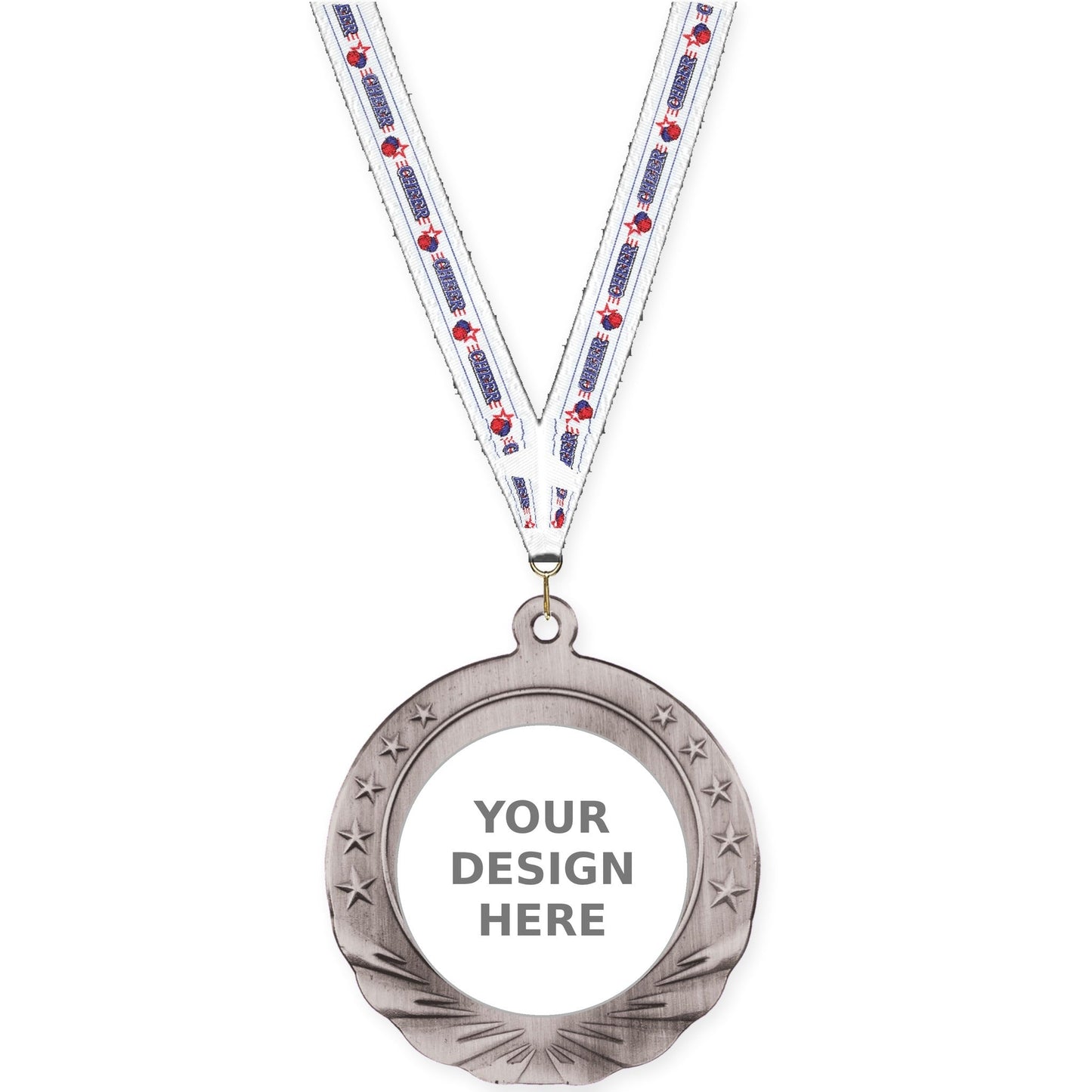 2 3/4 inch Starfield insert medal in antique silver with Cheerleading neck ribbon