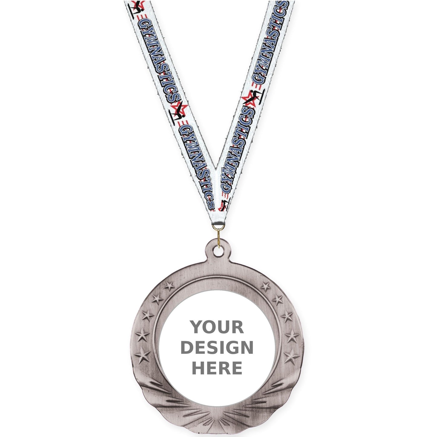 2 3/4 inch Starfield insert medal in antique silver with Gymnastics neck ribbon