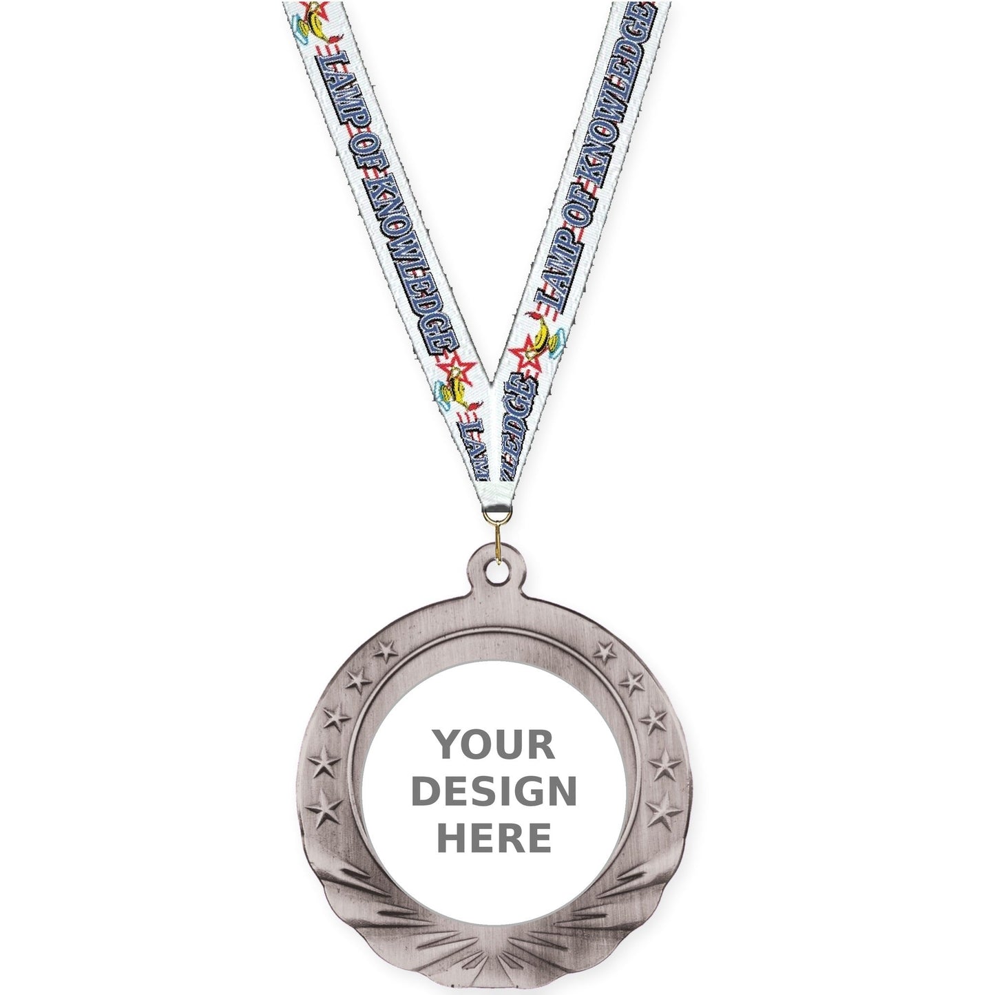 2 3/4 inch Starfield insert medal in antique silver with Lamp Of Knowledge neck ribbon