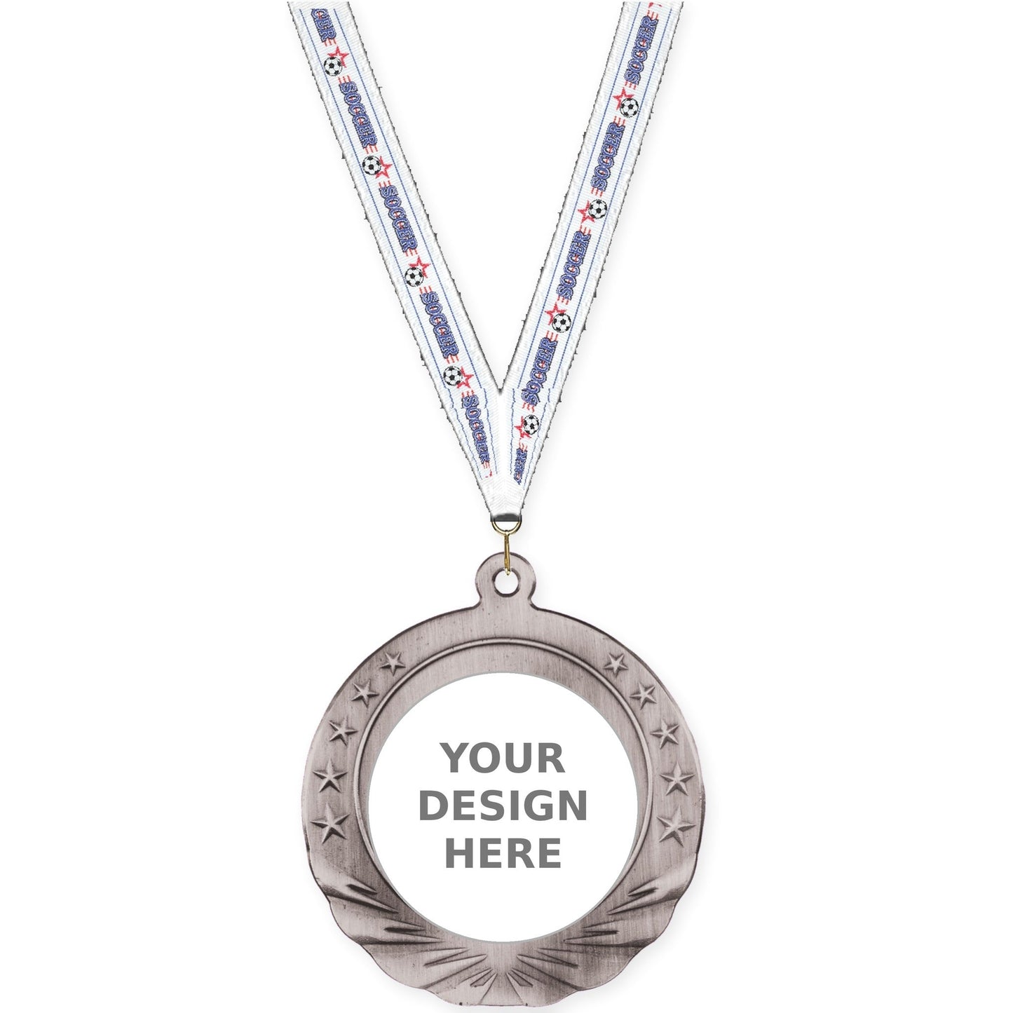 2 3/4 inch Starfield insert medal in antique silver with Soccer neck ribbon