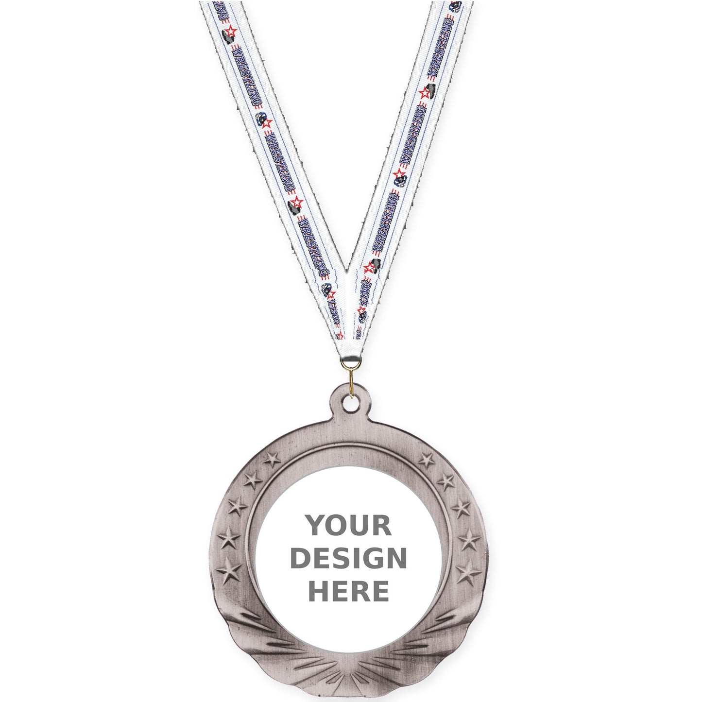 2 3/4 inch Starfield insert medal in antique silver with Wrestling neck ribbon