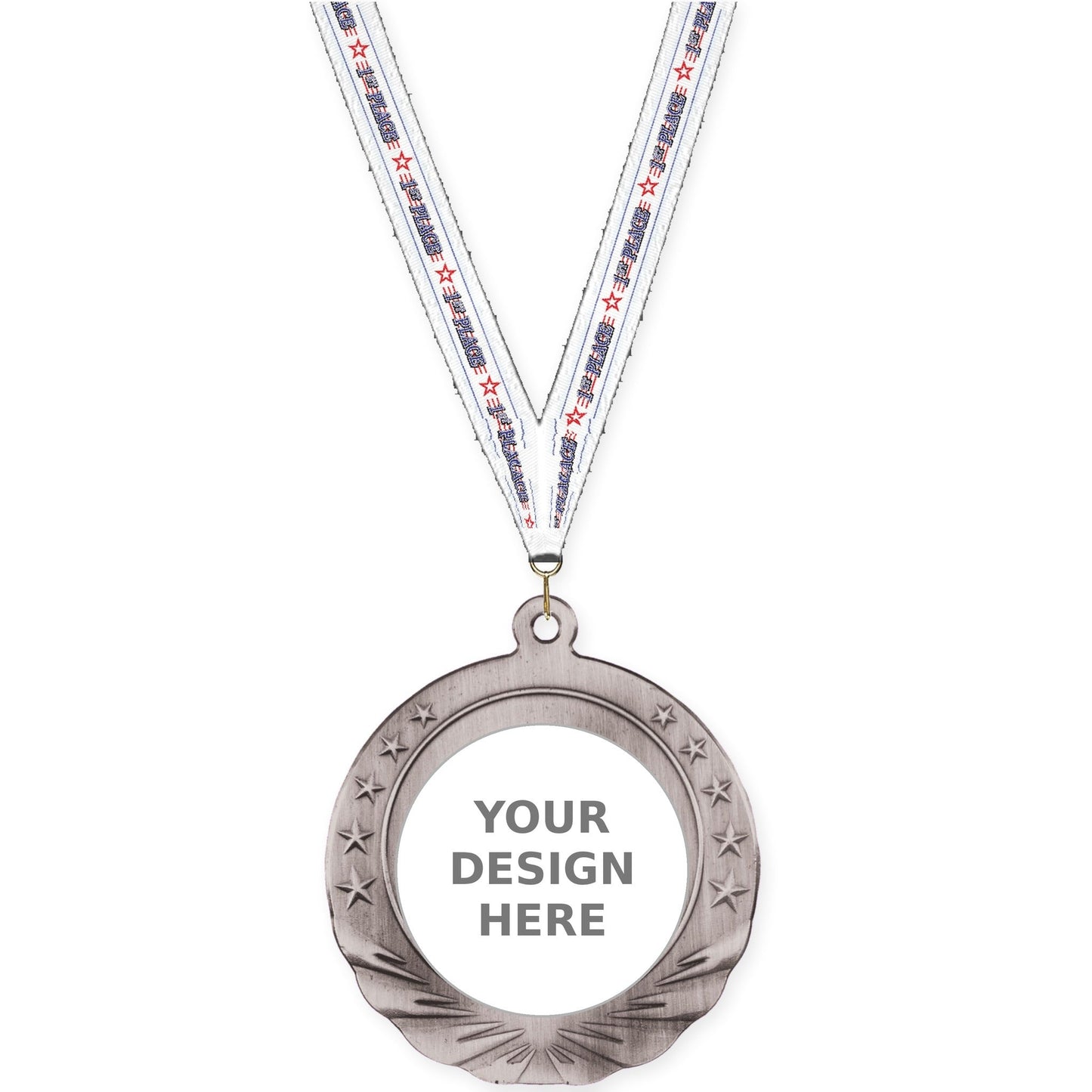 2 3/4 inch Starfield insert medal in antique silver with 1st Place neck ribbon