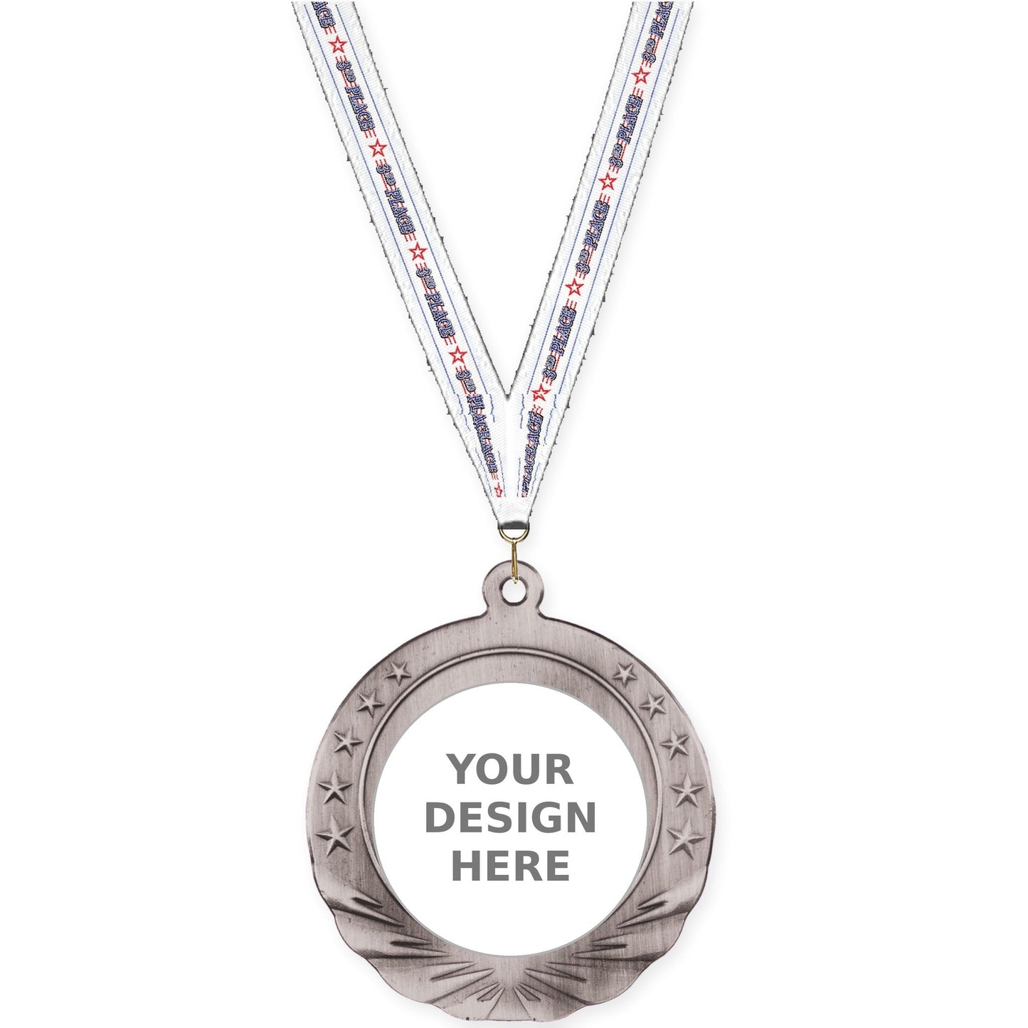 2 3/4 inch Starfield insert medal in antique silver with 3rd Place neck ribbon