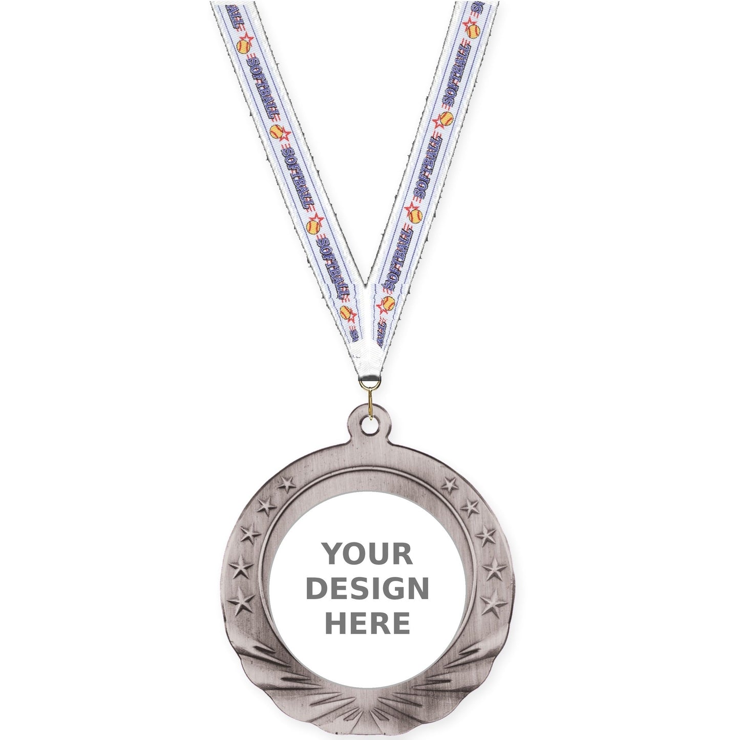 2 3/4 inch Starfield insert medal in antique silver with Softball neck ribbon