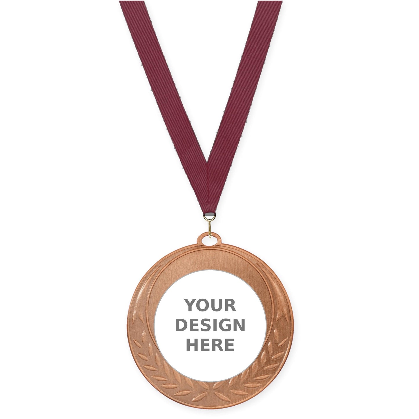 2 3/4 inch Half Laurel insert medal in antique bronze with Maroon neck ribbon