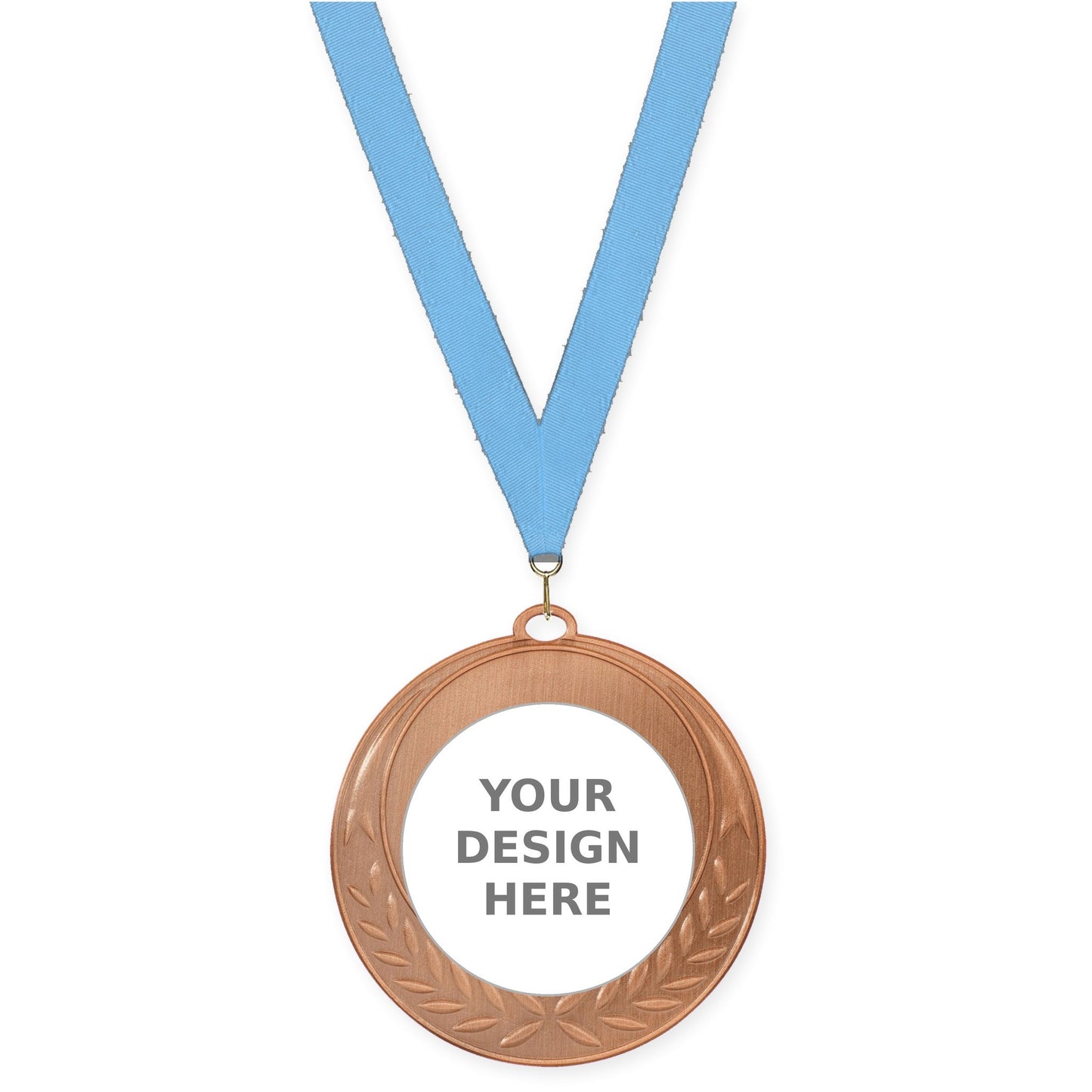 2 3/4 inch Half Laurel insert medal in antique bronze with Light Blue neck ribbon