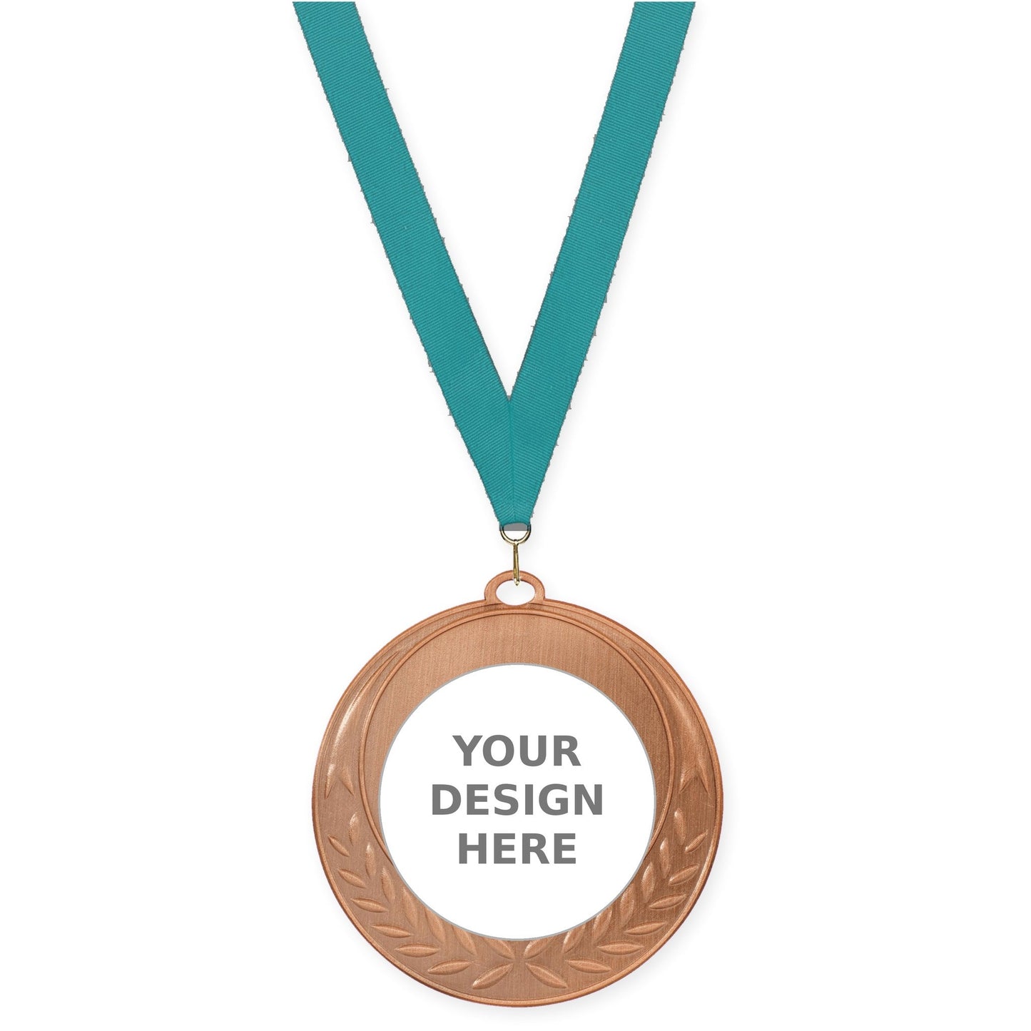 2 3/4 inch Half Laurel insert medal in antique bronze with Teal neck ribbon