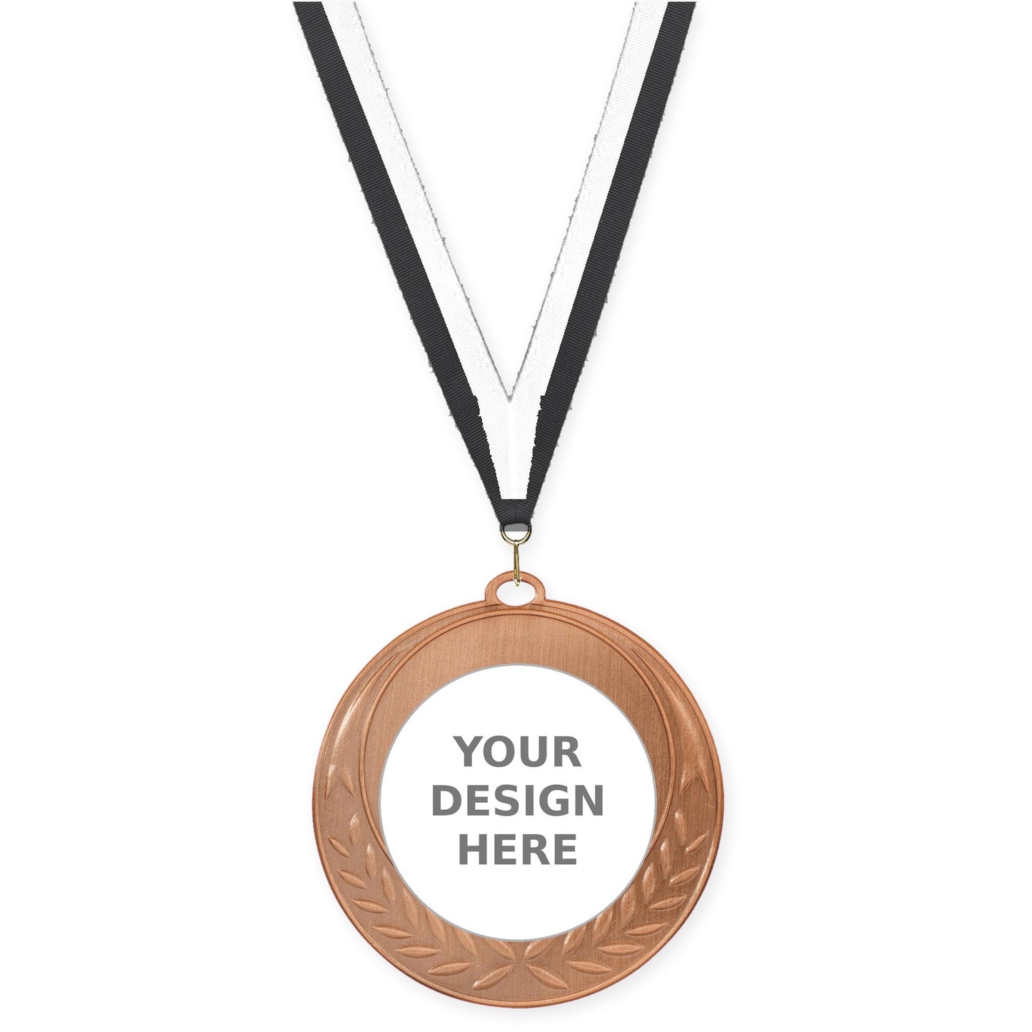 2 3/4 inch Half Laurel insert medal in antique bronze with Black White neck ribbon