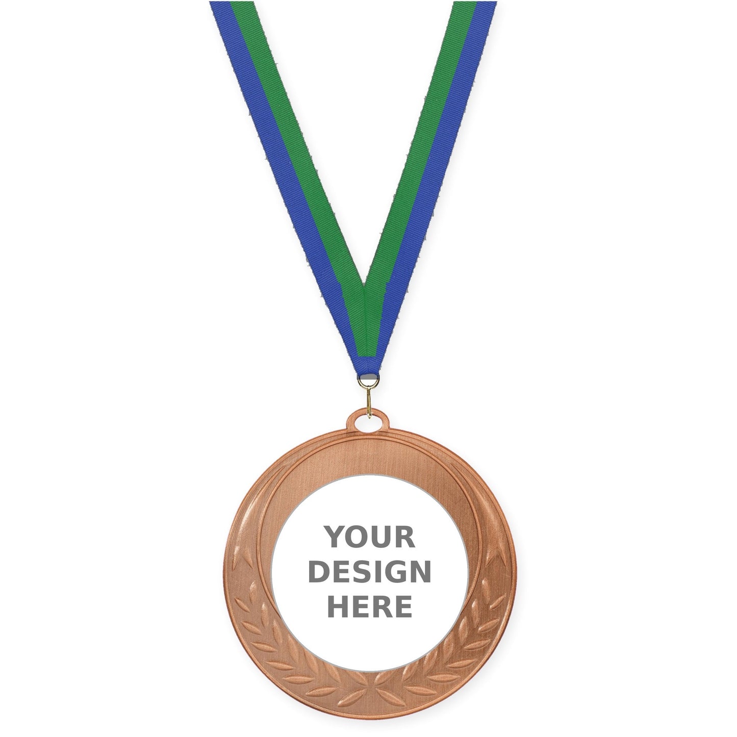 2 3/4 inch Half Laurel insert medal in antique bronze with Blue Green neck ribbon