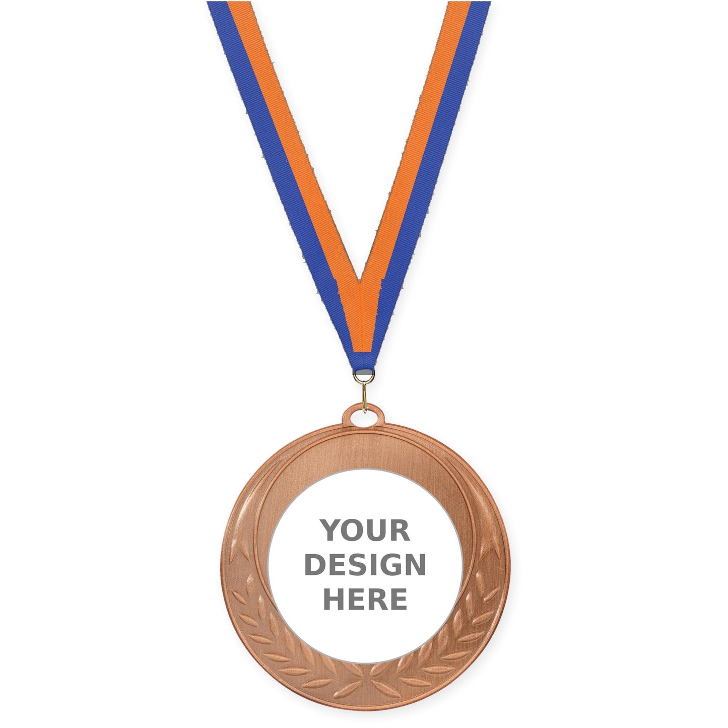 2 3/4 inch Half Laurel insert medal in antique bronze with Blue Orange neck ribbon