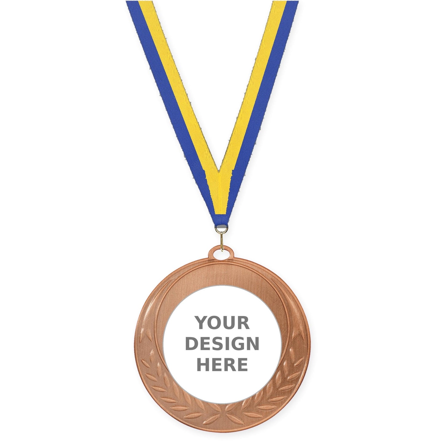 2 3/4 inch Half Laurel insert medal in antique bronze with Blue Yellow neck ribbon