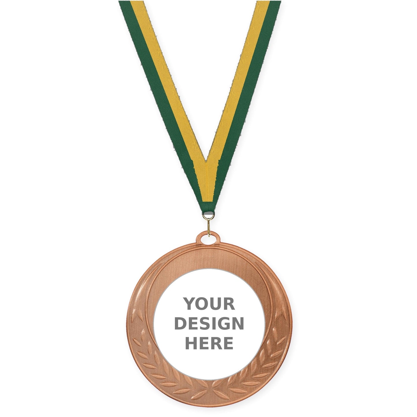 2 3/4 inch Half Laurel insert medal in antique bronze with Hunter Green Gold neck ribbon