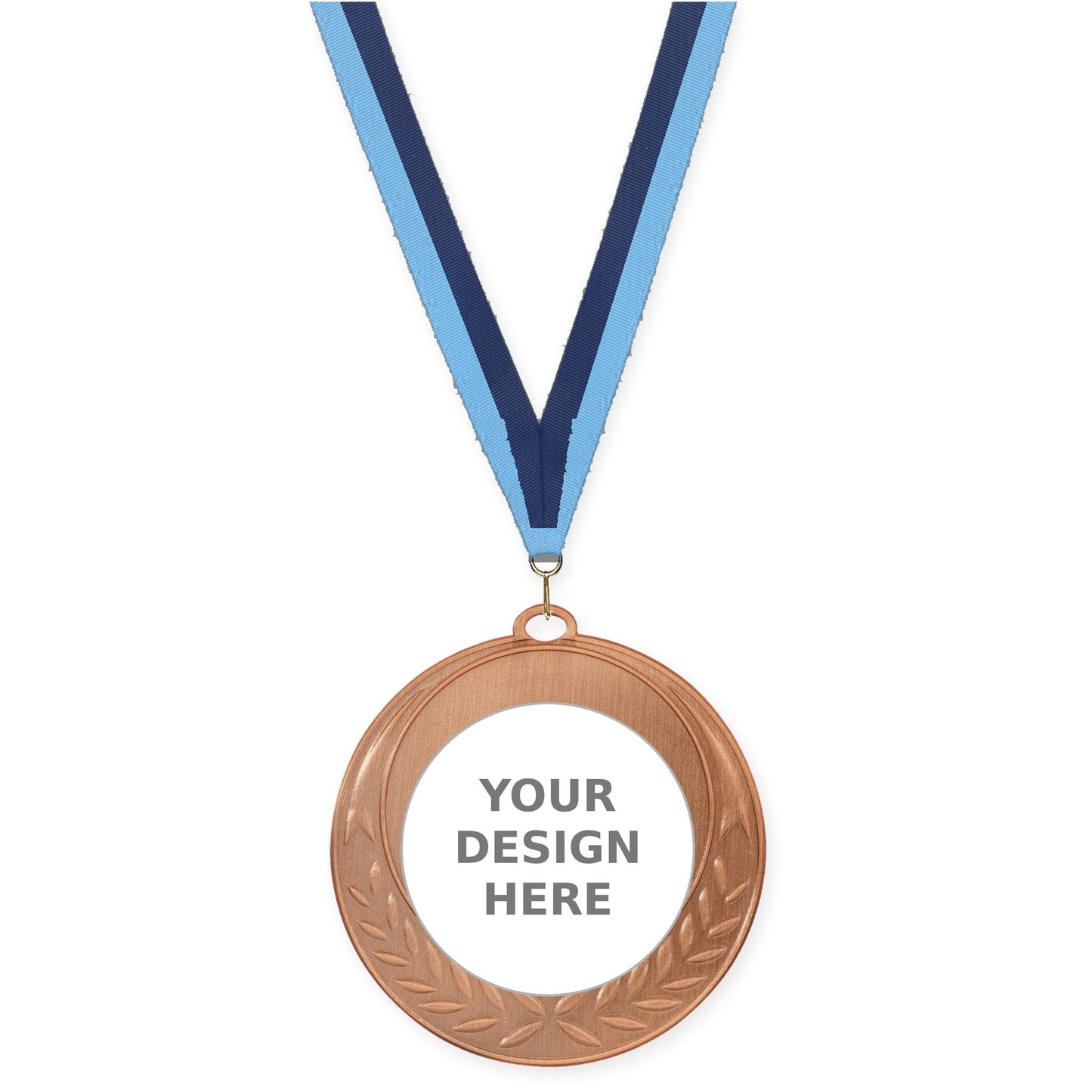 2 3/4 inch Half Laurel insert medal in antique bronze with Light Blue Navy neck ribbon